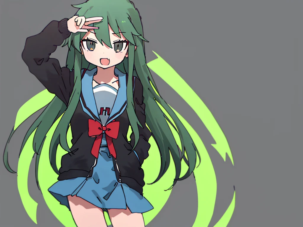 nukunukunigirimeshi style, anime style, best quality, 4k, masterpiece, tsuruya, 1 girl, solo, 1 schoolgirl, kita school uniform, blazer, blue skirt, kneehighs, simple colored, light gray background, green hair, [fang]