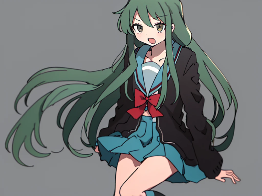 nukunukunigirimeshi style, anime style, best quality, 4k, masterpiece, tsuruya, 1 girl, solo, 1 schoolgirl, kita school uniform, blazer, blue skirt, kneehighs, simple colored, light gray background, green hair, [fang]