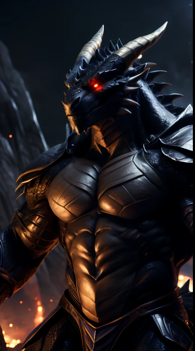 A dragon man, muscular, illustration, (best quality, 4k, highres, masterpiece:1.2), ultra-detailed, realistic, horror, sharp focus, vivid colors, nighttime lighting, rock abs, light armor, black body with scales, glowing eyes, transforming hands into monster motion lines.