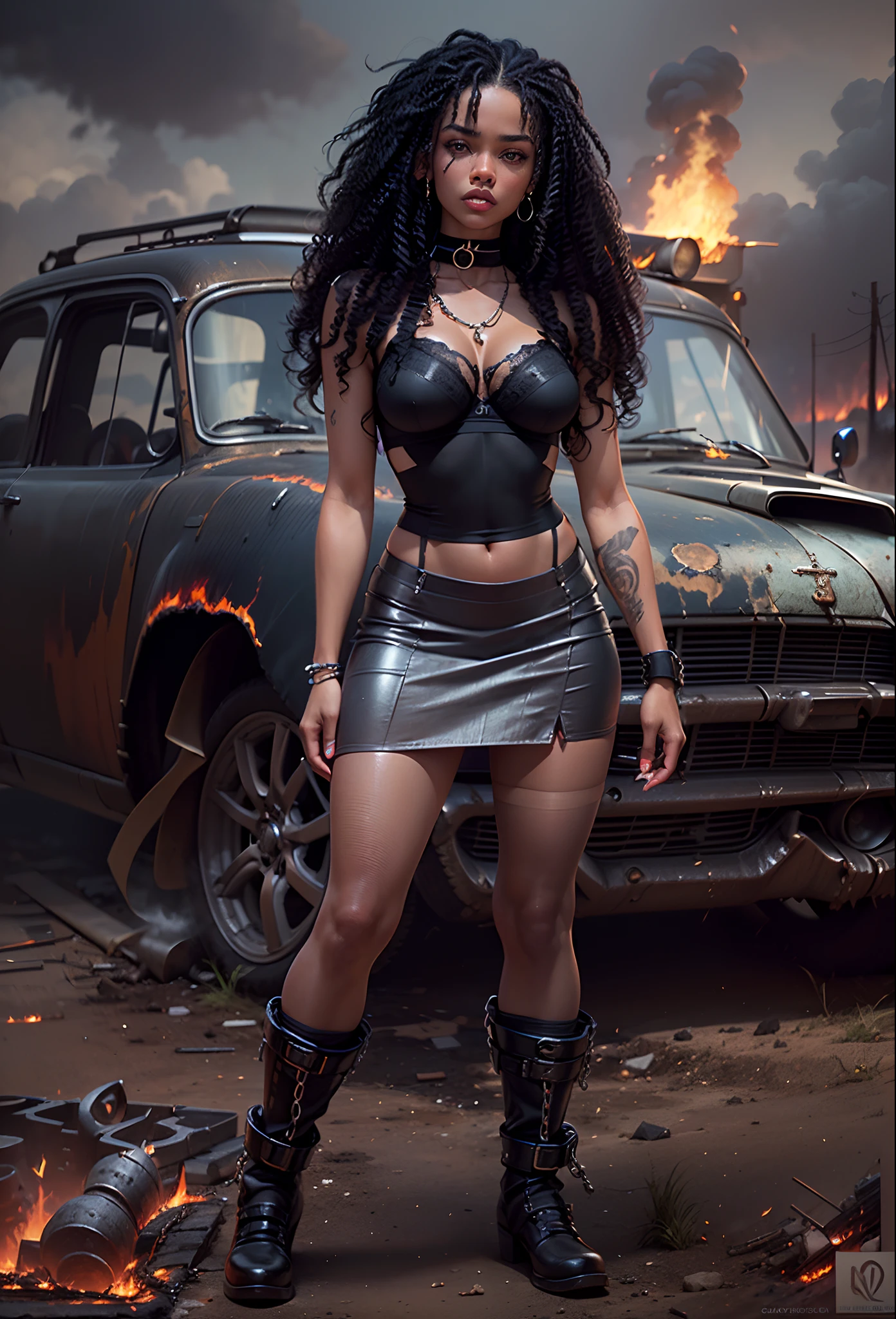 ((21-year-old))), black girl, (((light skin))), (((full body pose))),  (((long curly black hair))), (((wearing tight chainmail micromini skirt, chainmail bra))), (((seamless black, pantyhose))), (((submissive))), (((metal choker))), (((post apocalyptic scene, old cars, fire, death))), dark fantasy, Rich, Deep Colours, (intricate details:0.9), (HDR, hyper-detailing:1.2), (natural skin textures, hyper realisitc, glistening skin, soft light, Sharp),