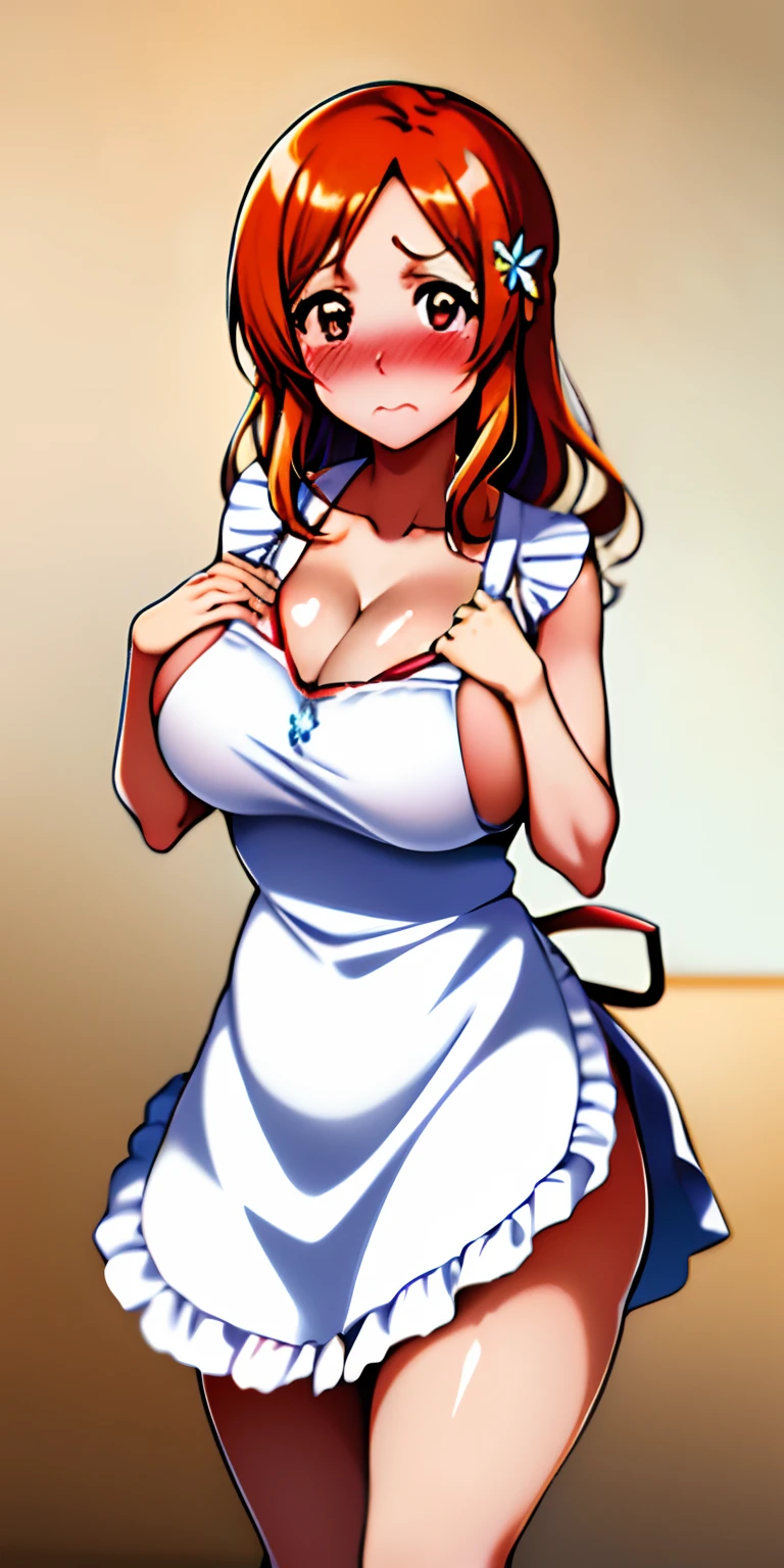 1girl in, 独奏, orihime inoue, orange hair, butterfly hair ornament, (barechested:1.3), (White apron),, cleavage of the breast, thighs thighs thighs thighs, Cafe background, (red blush:1.3), opening legs,8k, highest resolution