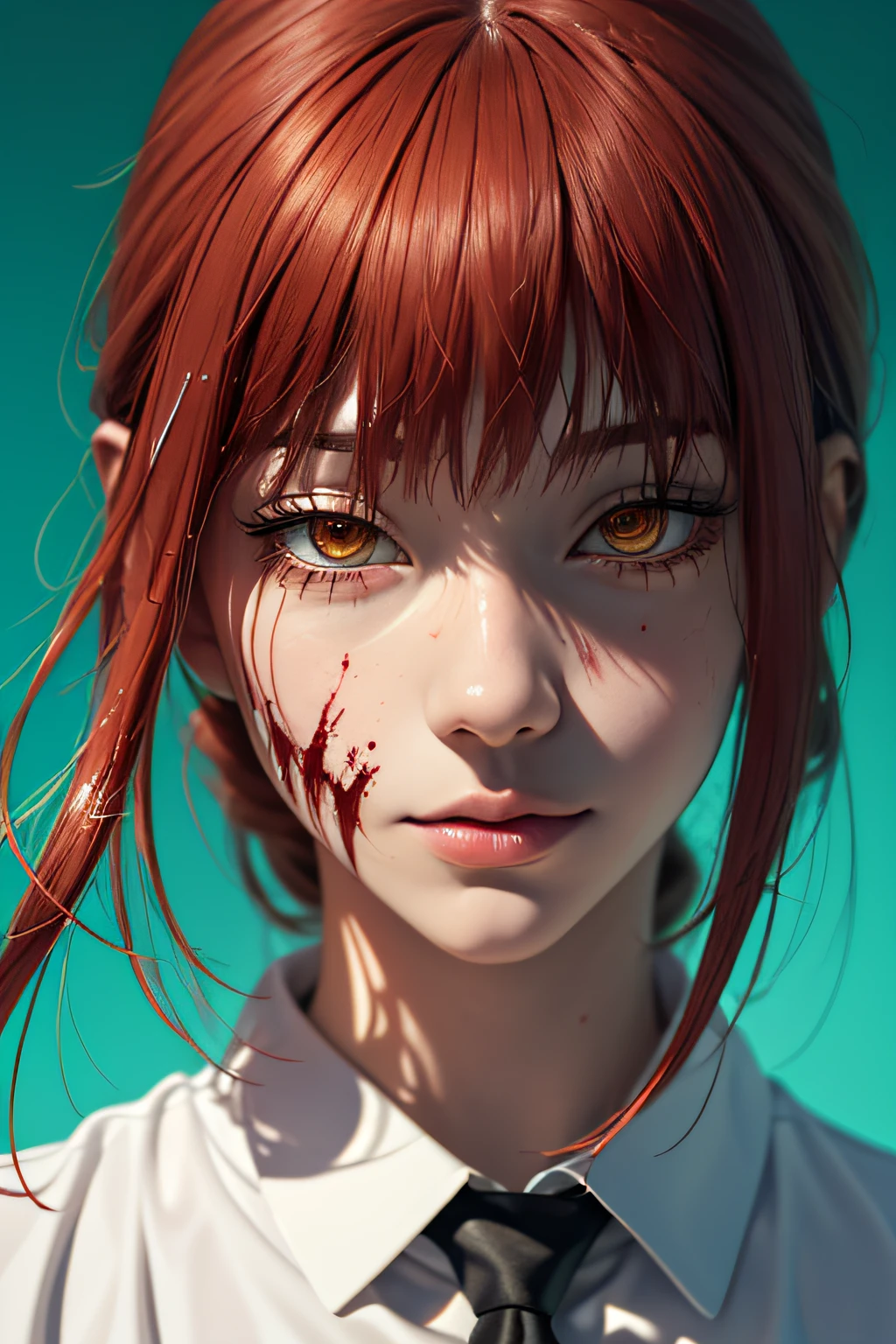 masterpiece, best quality, (extremely detailed CG unity 8k wallpaper, masterpiece, best quality, ultra-detailed, best shadow), (detailed background), (beautiful detailed face, beautiful detailed eyes), High contrast, (best illumination, an extremely delicate and beautiful),1girl,((colourful paint splashes on transparent background, dulux,)), ((caustic)), dynamic angle,beautiful detailed glow,full body, blood splash on face. close up of a woman, anime girl with red hair and a white shirt and tie, a character portrait by Yang J, pixiv, shin hanga, portrait of an anime girl, female anime character, portrait anime girl, portrait of asuka langley soryu, beautiful anime portrait, detailed portrait of anime girl, anime character, realistic anime artstyle, anime girl portrait, anime character portrait, blood on face.