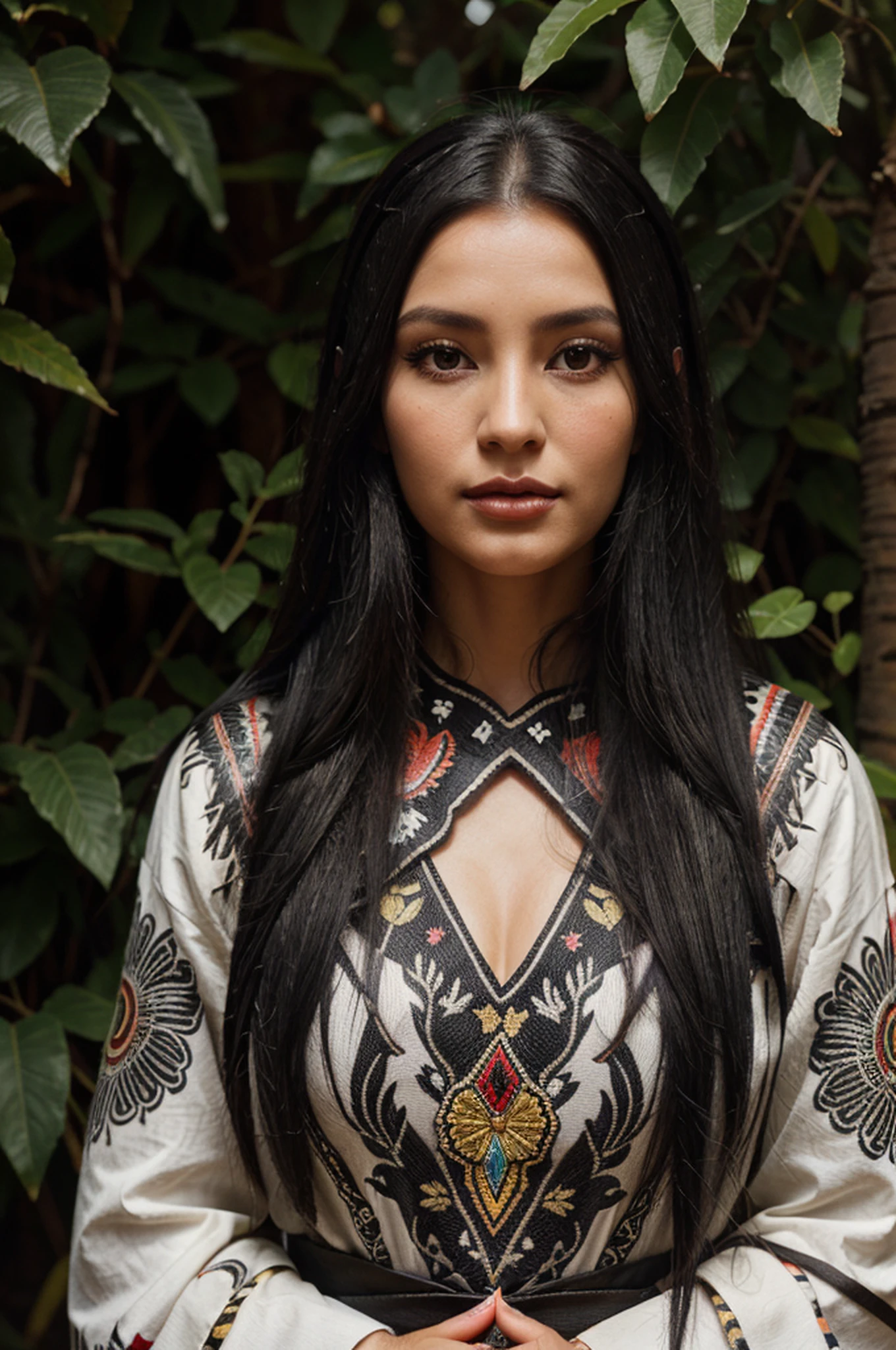 woman, long black hair, grey hair, peru, shamanic, forest, jaquire snake, hummingbird, condor, oil painting, detailed eyes, detailed lips, detailed face, beautiful, traditional pattern dress, tranquil background, vibrant colors, nature-inspired lighting, high resolution, realistic