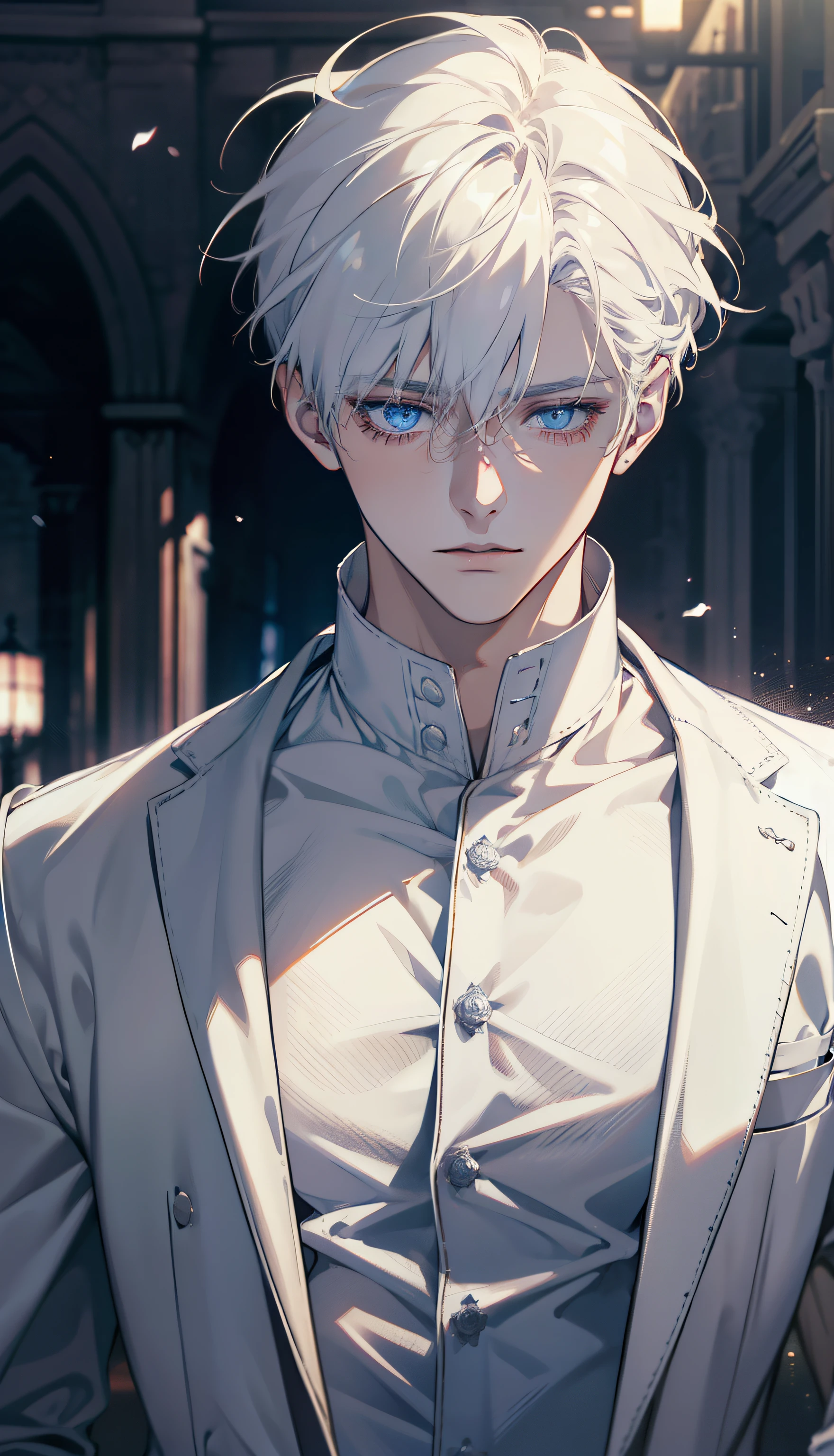 1boy,male,young man,Pale ager,Rose blanche,white shirt,bandagens,bloods,Low screen contrast,High brightness,White hair,softlighting,soft focus,misterious,romanticism lain, anime big breast, Impressionism, Cinematic lighting, Close-up, hyper HD, Masterpiece, High details,