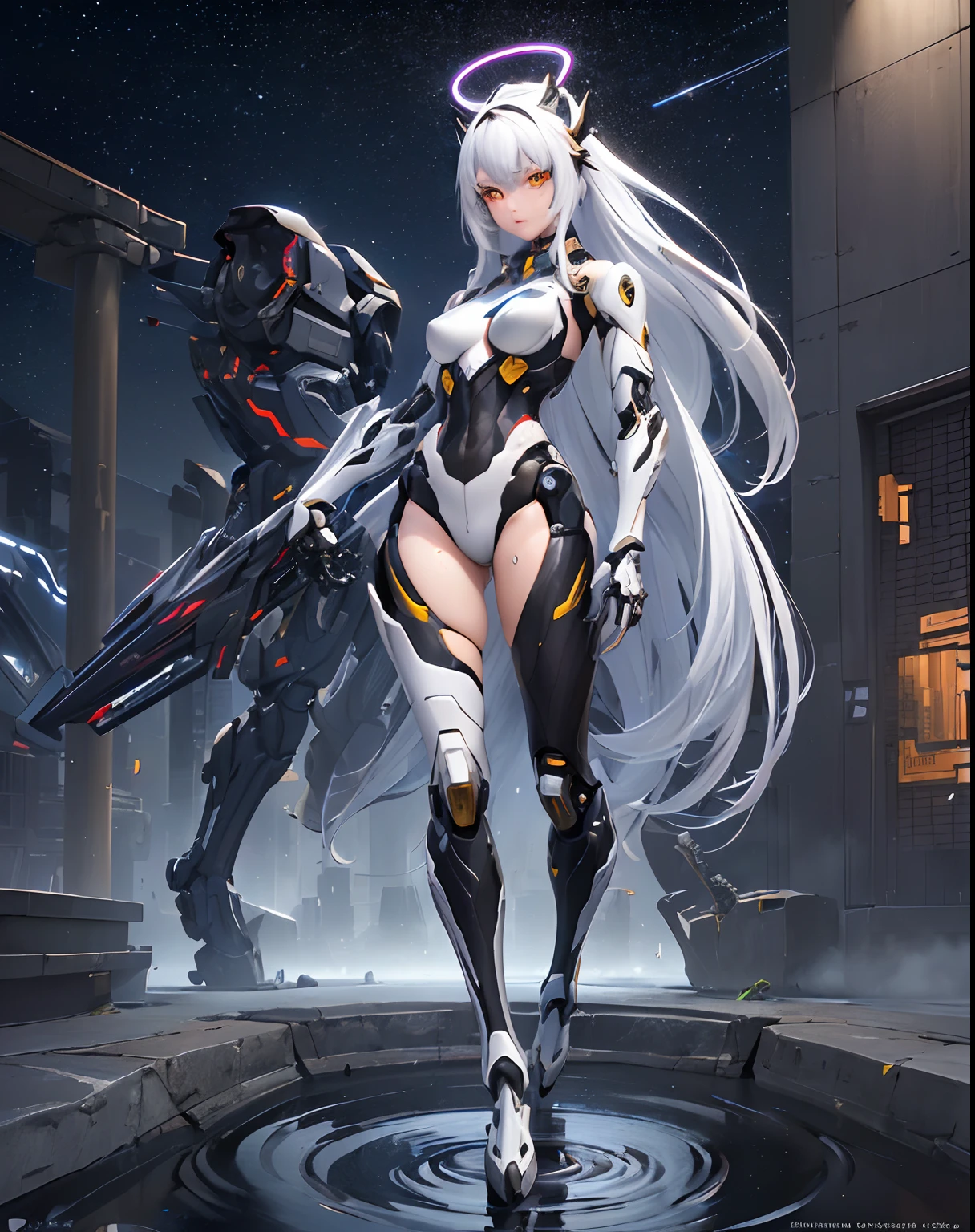 ((Best Quality)), ((Masterpiece), (Details: 1.4), 3D, A Beautiful Cyberpunk Female Figure,

masterpiece, realistic, best quality,ultra-detailed,very detailed illustrations,extremely detailed,intricate details,highres,super complex details,extremely detailed 8k cg wallpaper,cowboy shot, caustics,reflection,ray tracing,demontheme,nebula,dark aura,cyber effect, (1girl:1.4),solo,alone,mecha musume,mechanical parts, robot joints, double mechanical arm, headgear, mechanical gold halo, star light halo,intricate mechanical bodysuit, mecha corset, kimono, full armor, very long hair,white hair, hair between eyes, multicolored hair, colored inner hair, red eyes,glowing eye,eye trail, white mecha wings, random expressions,random action, ancient japanese architecture,pond, starry sky,skyline, 
(Dragon mecha helm), ((Great High Technology Sword in right hand, Cool Post Pose)),
((Slender Finger and Leg))
,Full Body included feet --ar 2:3