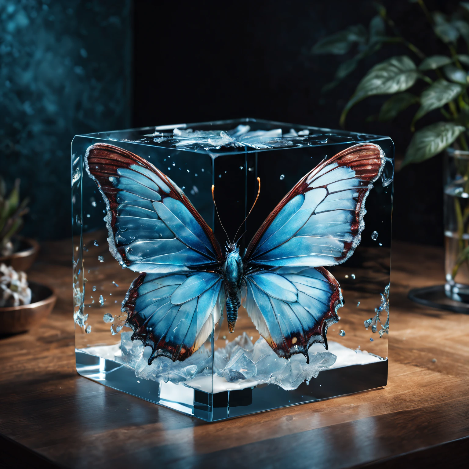 (Best quality,4K,8K,A high resolution,tmasterpiece:1.2),ultra - detailed,(actual,realistically,realisticlying:1.37),3 d epic illustrations,Icy butterfly trapped in glass cube,made of glass,Beautiful digital artwork,stunning digital art,gorgeous digital art,Icy cold,CreativePhotoshop,highly realistic digital art,Extremely beautiful digital art,transparent marble butterfly,Inspired by Igor Krylov,Hyper-realistic illustration,tangible evidence of reality