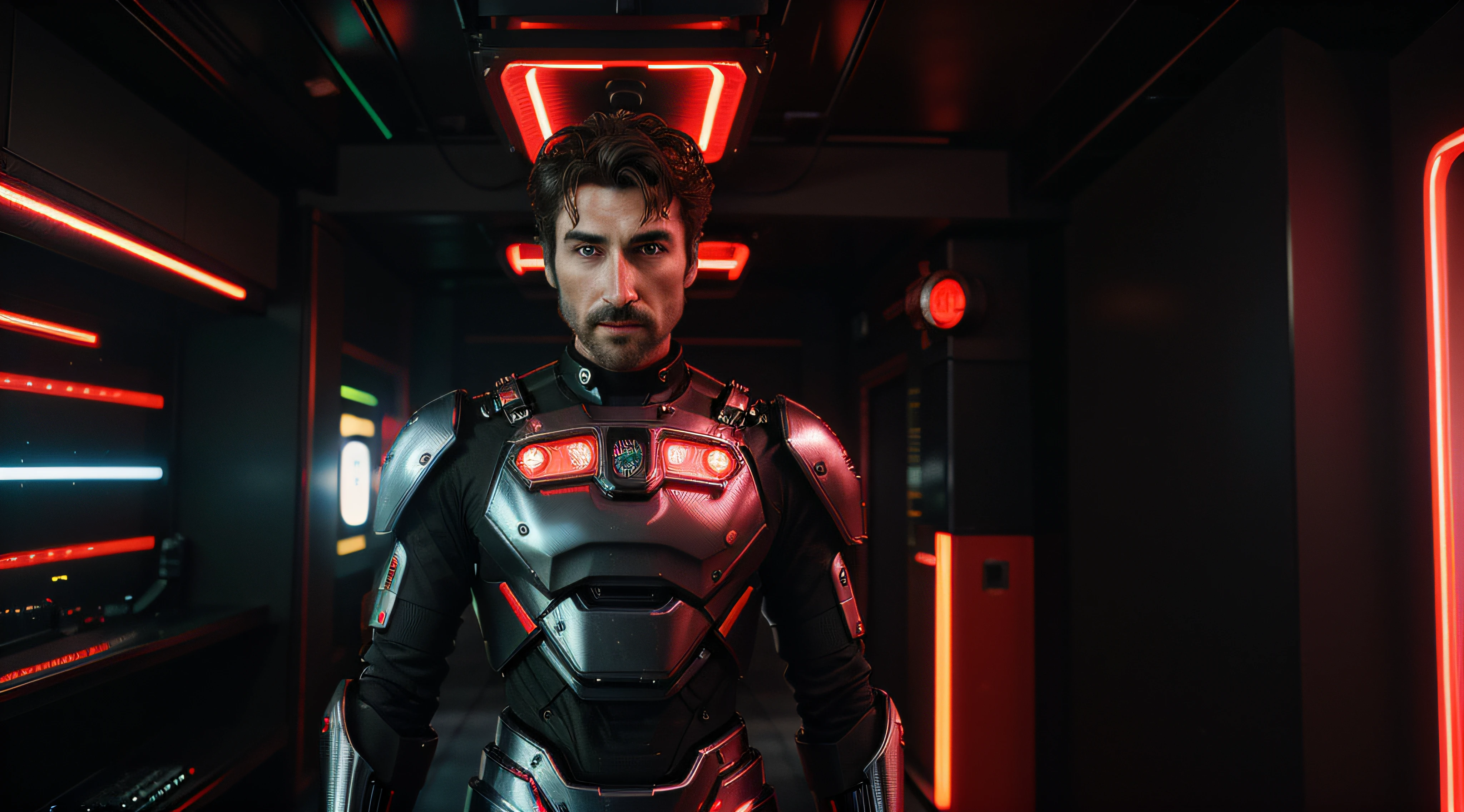 Cinematic Ultra Realistic 8k Centered, homem [Adrien Brodyr] com barba, cabelo samurai, In a shiny black mechanical android suit with red accents and lights with intricate cybernetic implants, indoor scenery with red neon lights, bem iluminado, Cyberpunk, Foto premiada, Bokeh, red neon lights, cybernetic limb