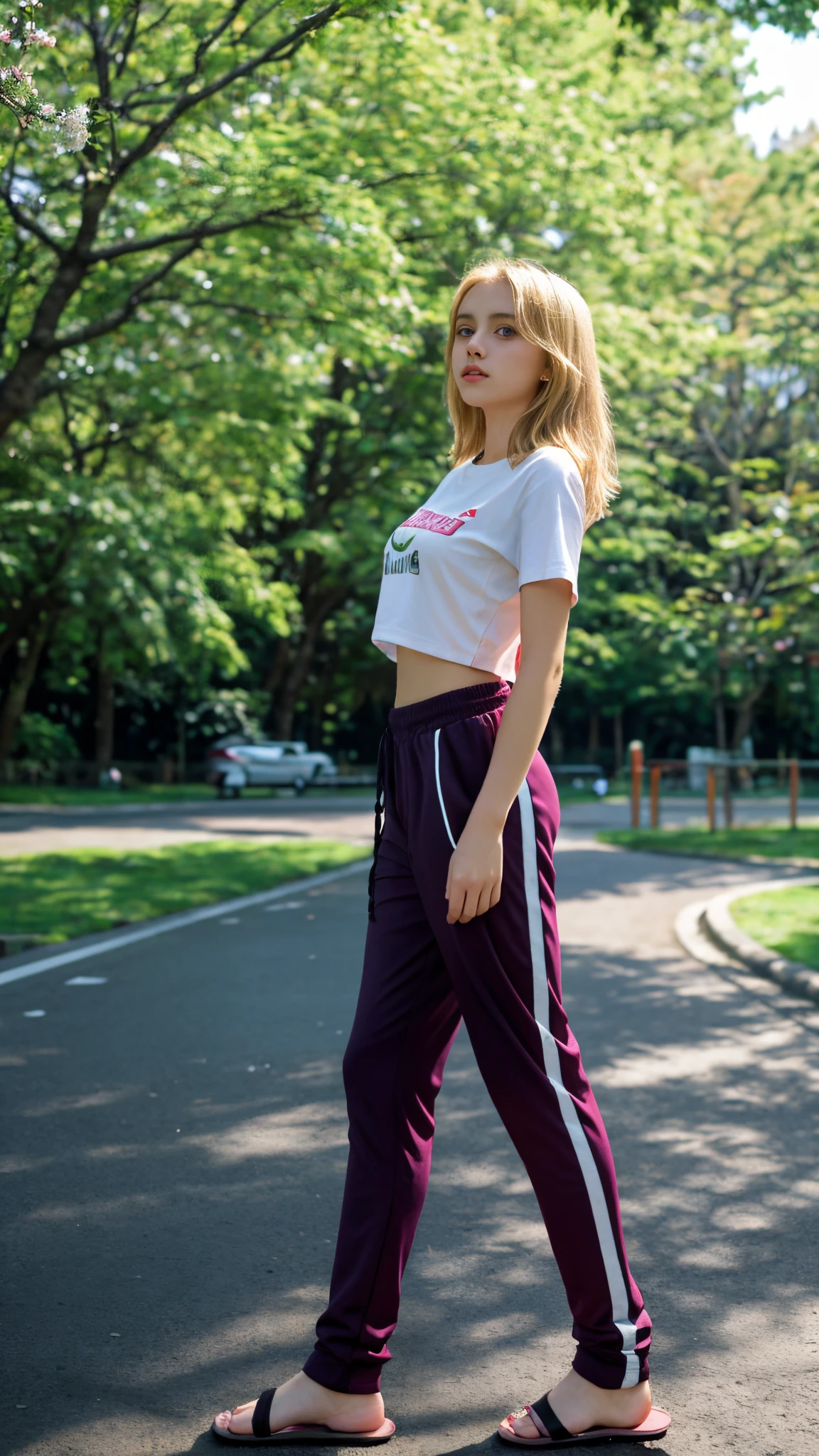  transsexual pre-teen gi Eurn, Blonde, Small breasts, Big eyes, Long legs, close up of breasts, t-shirt, track pants, Hawaiian flip flops, Extreme low angle shot, below the girl, park background, trees Sakura, ray tracing, HDR