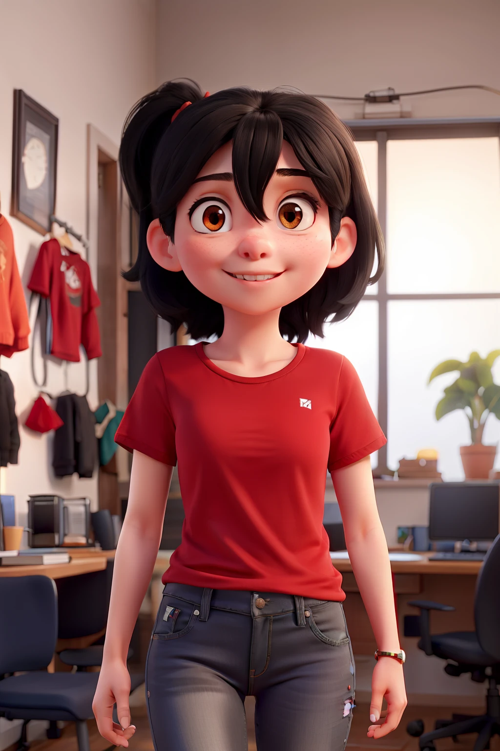 A girl with straight black hair wearing a red t-shirt and jeans