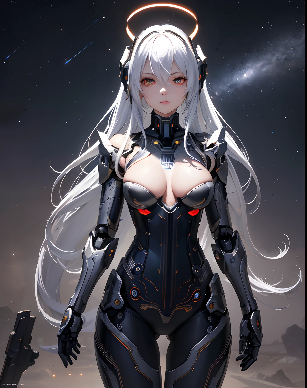 masterpiece,best quality,ultra-detailed,very detailed illustrations,extremely detailed,intricate details,highres,super complex details,extremely detailed 8k cg wallpaper,cowboy shot, caustics,reflection,ray tracing,demontheme,nebula,dark aura,cyber effect, (1girl:1.4),solo,alone,mecha musume,mechanical parts, robot joints,single mechanical arm, headgear, mechanical halo,star halo,intricate mechanical bodysuit, mecha corset, kimono, full armor, very long hair,white hair, hair between eyes, multicolored hair, colored inner hair, red eyes,glowing eye,eye trail, random expressions,random action, ancient japanese architecture,pond, starry sky,skyline,