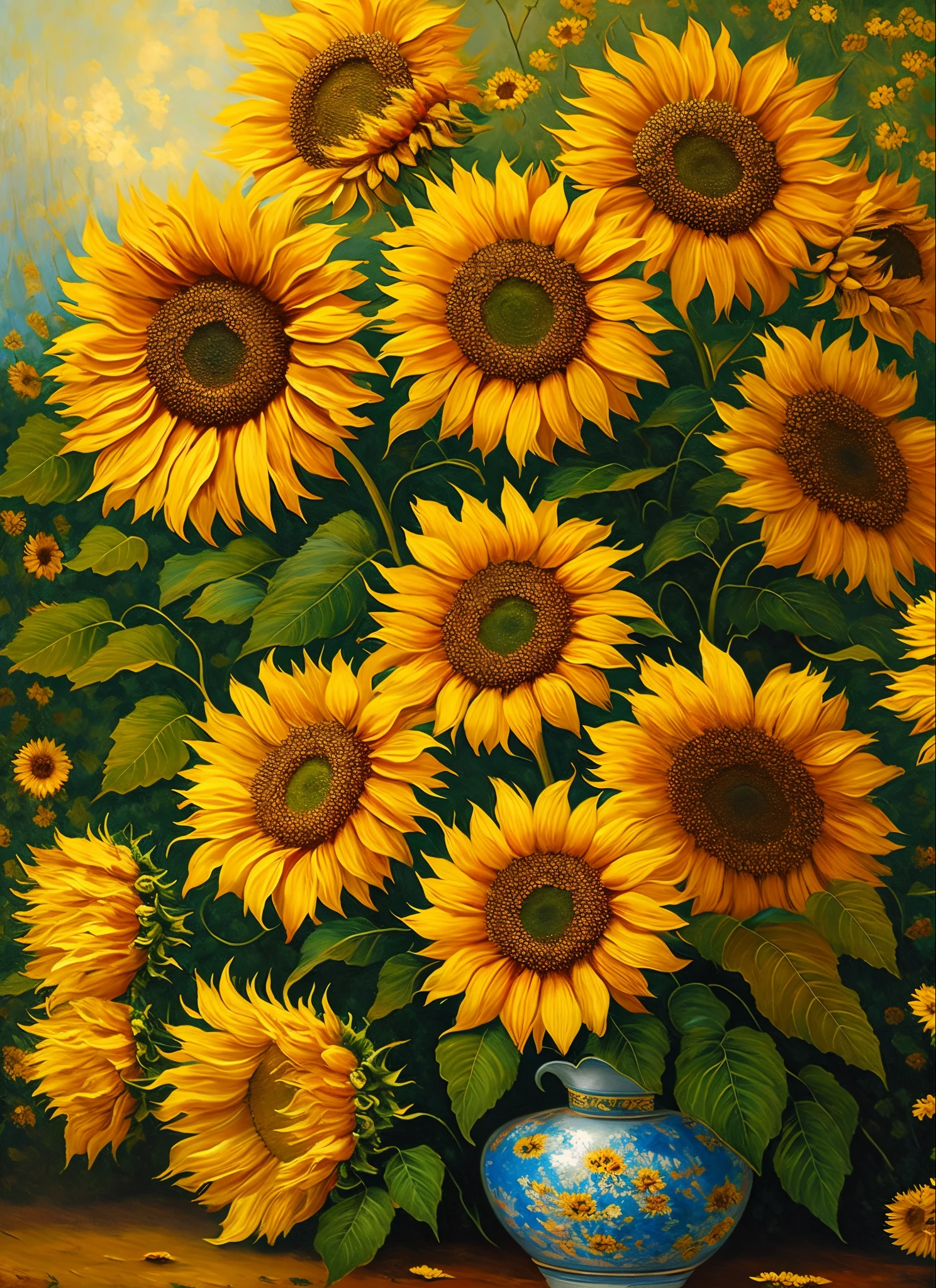 There is a painting of sunflowers with silver leaves, Golden Sunflowers, Hydrangeas and Morning Glory, sunflowers and gold, Relevos dourados, flores detalhadas, beautiful sunflowers , golden flaky sunflowers , intricate sunflowers , chaotic gold foil sunflowers , detailed 4 k oil painting, detalhes impressionantes e ricos, Dourada. floral, floral. Elementos barrocos, intricate oil paintings