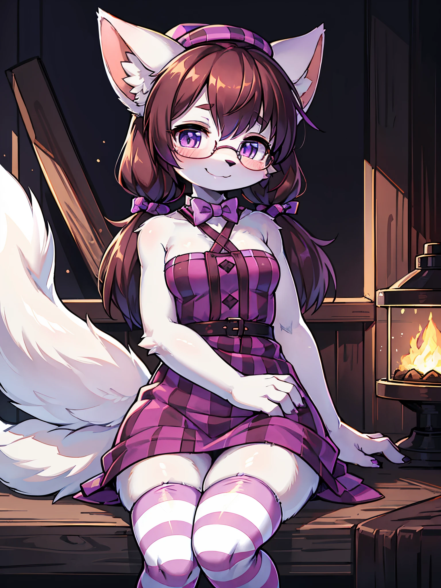 tic fox ears, arctic fox tail, white fur, sidelocks, low twintails, brown hair, violet_colored_streaked_eyes, purple striped beret, criss-cross straps, purple checkered dress, bowtie on dress, bows in twintails, happy, smiling, purple clothing, glasses, white hands, white arms, sleeveless, checkered clothing,