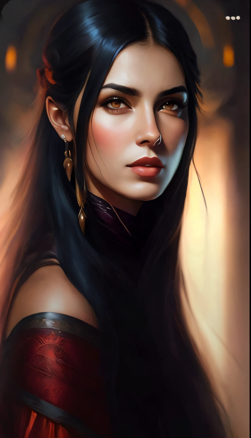 Mujer joven, de rasgos finos, muy hermosa, vampira, mirada calida, expresion amor, mirando de lado, eliminar tres puntos arriba derecha, vestido gotico, ojos naranja