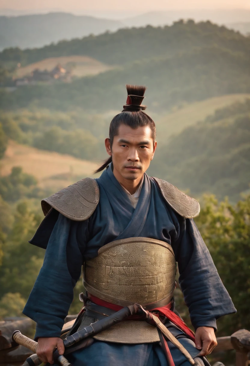 Samurai Warrior Overlooking a Village: An imposing samurai warrior stands on a hilltop, overlooking a tranquil village below at dawn. His armor is a striking combination of indigo and silver, reflecting the early morning light. The warrior's helmet features an elaborate dragon motif. He wields a massive nodachi sword, resting it over his shoulder, its length impressive. His expression is one of calm vigilance, and his posture exudes a sense of duty and protection. The village below is just beginning to wake, with hints of smoke rising from chimneys, surrounded by gentle hills and a slowly brightening sky.