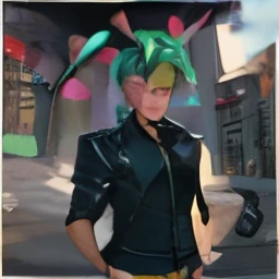 solo, looking at viewer, short hair, multicolored hair, green hair, purple hair, black hair, 1boy, male focus, earrings, heterochromia, dark skin, rabbit ears, scar, facial mark, gloves, navel, animal ears, jewelry, jacket, cowboy shot, earrings, open clothes, midriff, pants, necklace, rabbit ears, bracelet, open jacket, lips, black jacket, crop top, facial mark, black pants, ring, building, cropped jacket, leather jacket, viera, masterpiece, official art