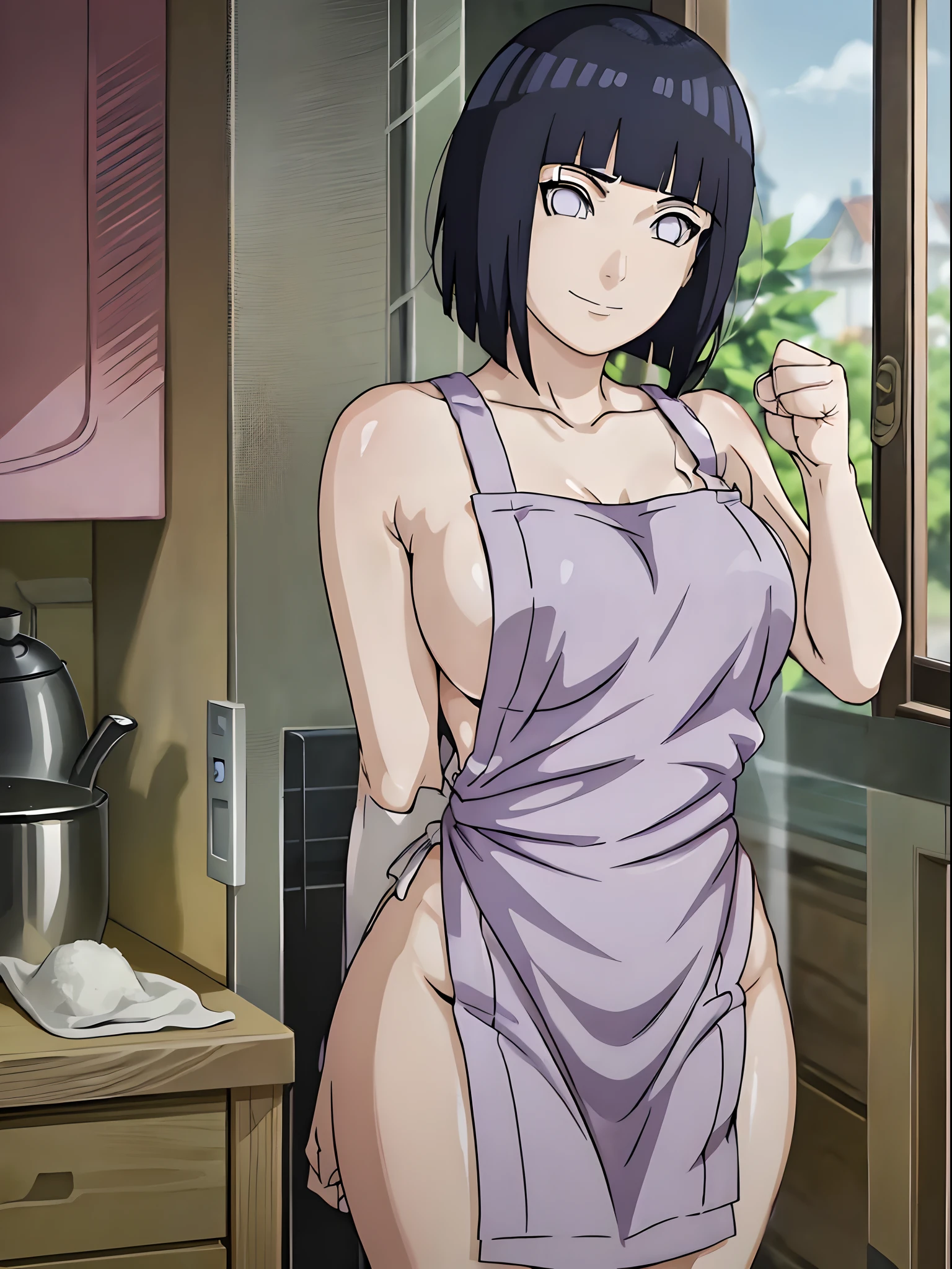 naked wearing white  apron only,, ((thick arms)), , , anime style, cute , beautiful , nice body, soft body, (hinata\(boruto\),  (slender body), mature woman , broad shoulders, off-shoulders, (naked wearing white  apron only,  bare arms, bare hands), smile, closed mouth, pale skin, , smile, (dark blue hair color:1.1), wavy hair, floating hair, ((very short hair, hime cut), big breasts, (closed fists), , (perfect eyes, white sciera, bright eyes, white eyes, anime eyes)