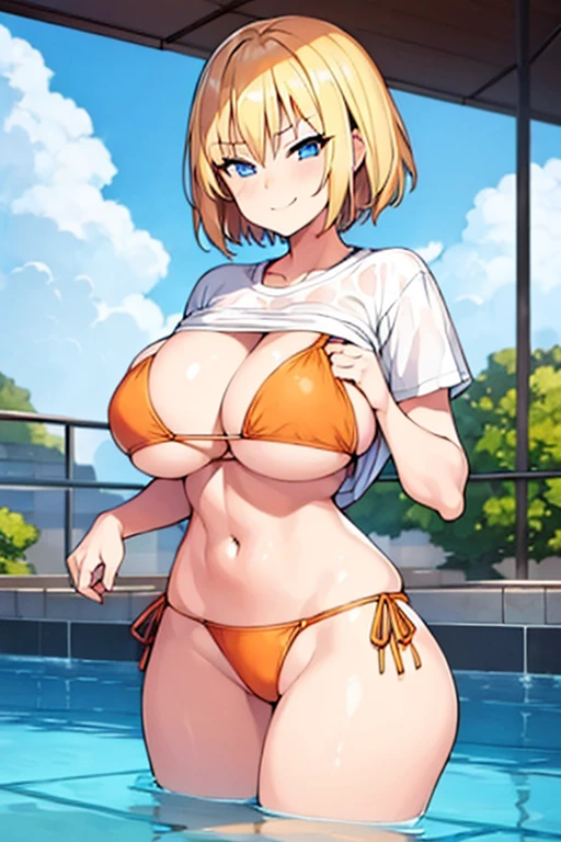 1girl, very short hair, blonde hair, blue eyes, orange bikini, huge breasts, thick thighs, wide hips, pool, 2d, anime style, anime screencap, shirt lift, clothes lift, white shirt, lifted by self, shirt, orange bikini top, smug, smirk, smile, pervert,