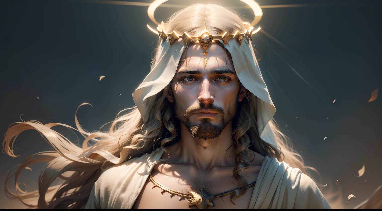 High definition image of Jesus Christ with serene features and divine lighting. Ensure representation is respectful and faithful to traditional Christian iconography, with emphasis on the calm facial expression, olhar compassivo e vestimentas tradicionais. Image should be sharp, detalhada e em cores realistas. Consider including symbolic elements like a golden halo around the head. Ensure image quality is suitable for large format printing."