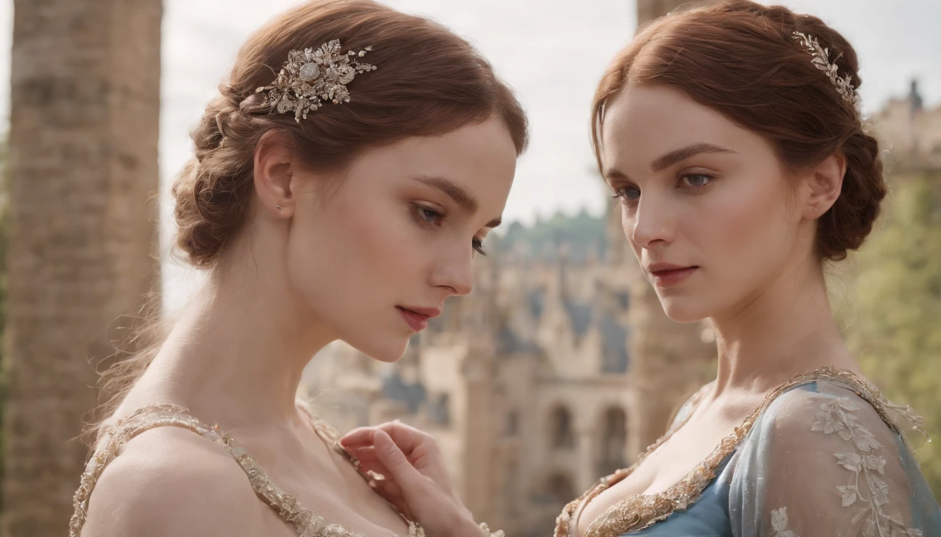 Sarah Gadon and Amanda Seyfried with mikiskirt and tops. Sarah caresses Amanda in her neck and looks her in the eyes. Both are in love