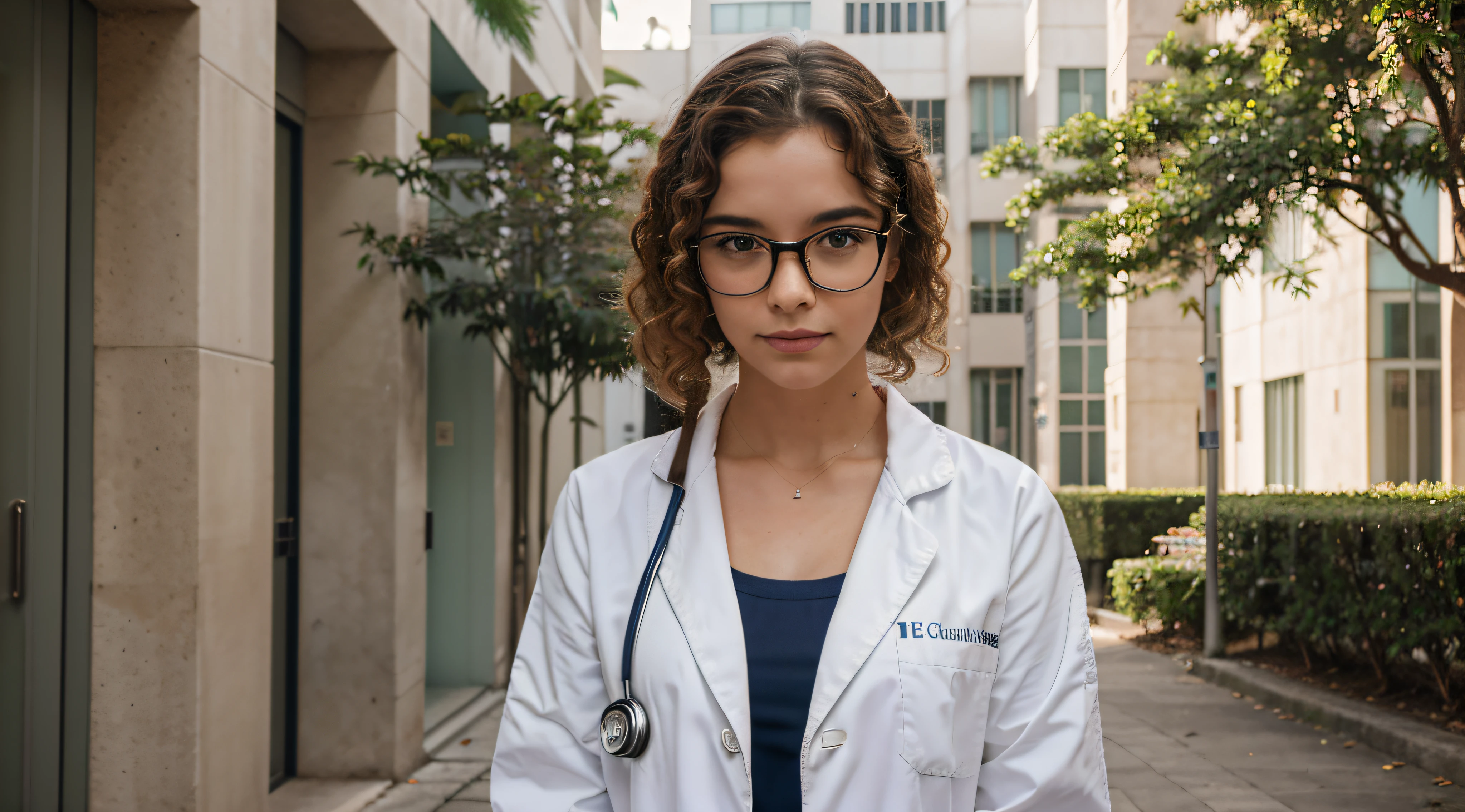 Imagine um estudante de medicina brasileiro caminhando pelo campus moderno e imaculado da faculdade de medicina da universidade. She is dressed in medical uniform and a white coat, e seu curto, vermelho, Curly hair adds a different touch to the scene. The student wears stylish glasses, combining a touch of intellectual charm with your professional appearance. Movendo-se graciosamente pelo campus, ela exala profissionalismo.

The trees are immaculate, emanating an air of order and organization befitting a prestigious medical institution. O sol brilha, fundindo um quente, Brilho convidativo sobre a cena. o aluno, usa uma blusa branca por baixo do casaco branco, exudes optimism in this academic environment.

I hope this refined description aligns with your vision!