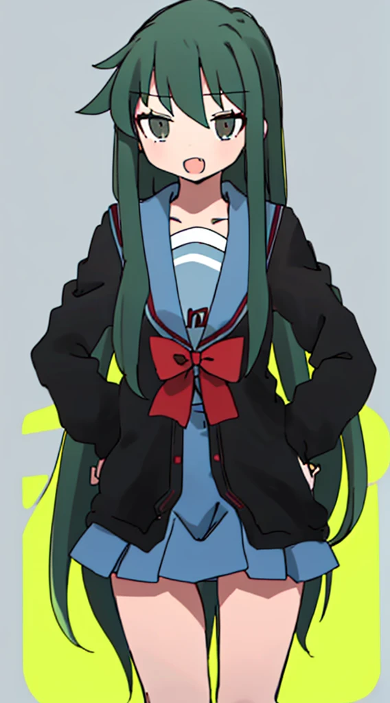 nukunukunigirimeshi style, anime style, best quality, 4k, masterpiece, tsuruya, 1 girl, solo, 1 schoolgirl, kita school uniform, blazer, blue skirt, kneehighs, simple colored, light gray background, deep green hair, [fang]