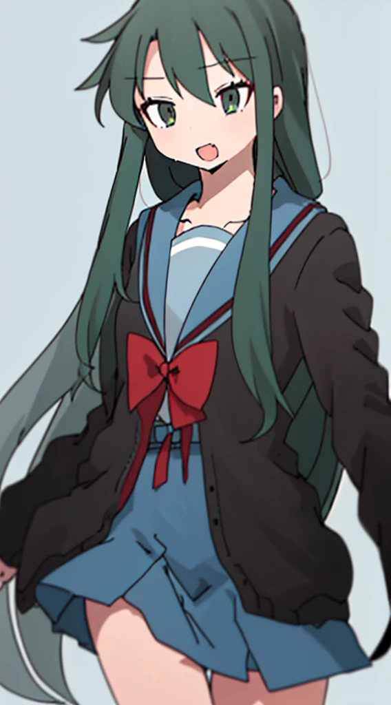 nukunukunigirimeshi style, anime style, best quality, 4k, masterpiece, tsuruya, 1 girl, solo, 1 schoolgirl, kita school uniform, blazer, blue skirt, kneehighs, simple colored, light gray background, deep green hair, [fang]