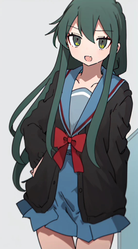 nukunukunigirimeshi style, anime style, best quality, 4k, masterpiece, tsuruya, 1 girl, solo, 1 schoolgirl, kita school uniform, blazer, blue skirt, kneehighs, simple colored, light gray background, deep green hair, [fang]