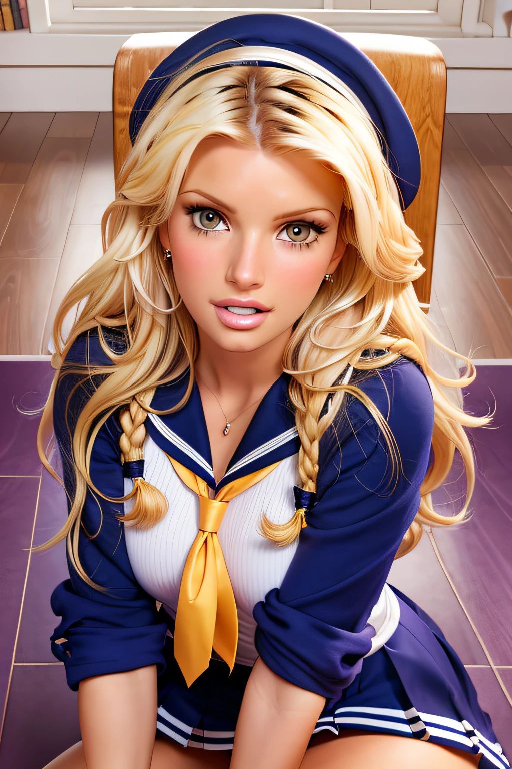 blonde woman, Jessica Simpson,  in a sailor outfit posing on a floor, cute schoolgirl, hyperrealistic schoolgirl, a hyperrealistic schoolgirl, realistic schoolgirl, dressed as schoolgirl, school girl, alexa grace, blonde goddess, of a schoolgirl posing, sailor uniform, girl wearing uniform, blonde girl, sexy girl, beautiful blonde girl, blonde, tight attire, on knees