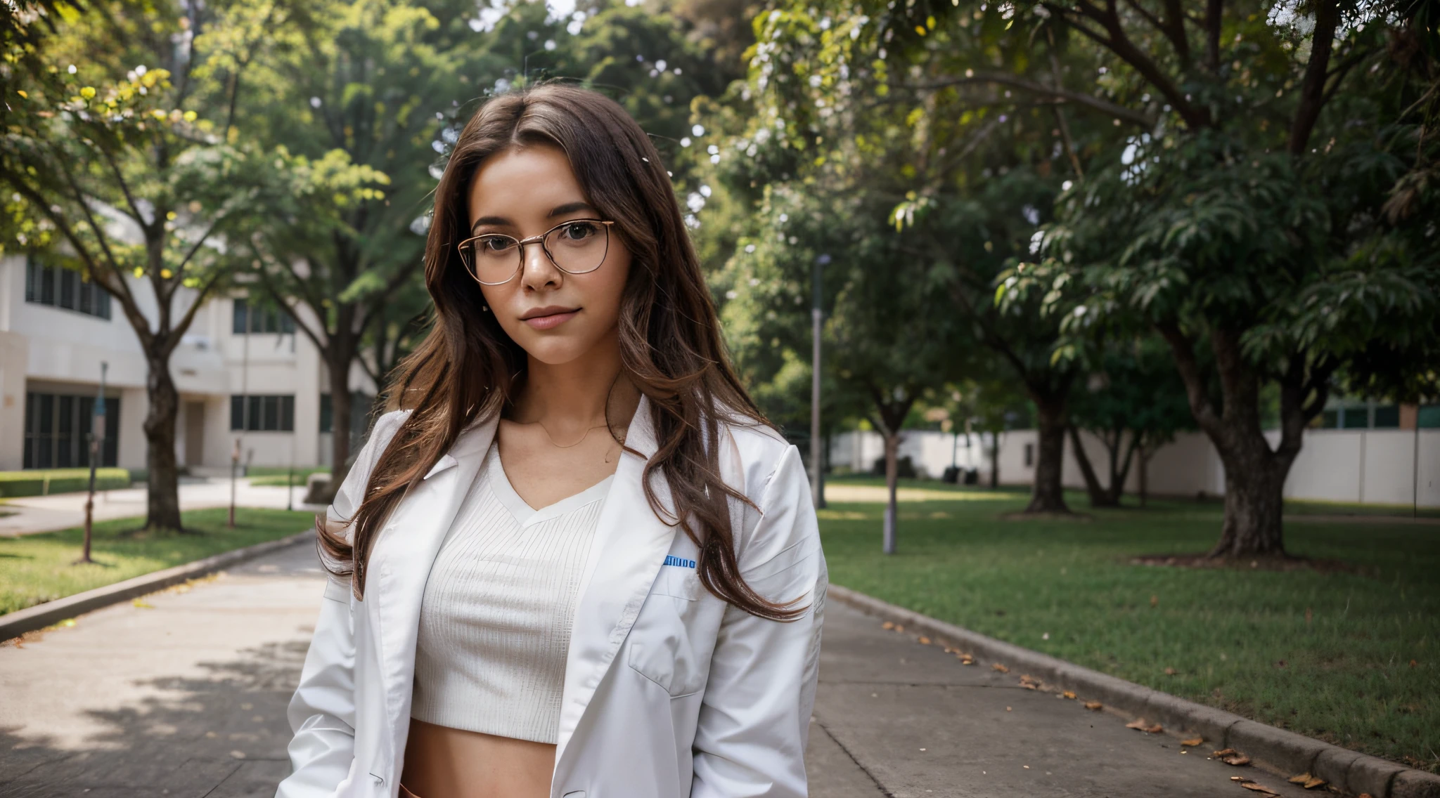 Imagine um estudante de medicina brasileiro caminhando pelo campus moderno e imaculado da faculdade de medicina da universidade. She is dressed in medical uniform and a white coat, e seu curto, vermelho, Curly hair adds a different touch to the scene. The student wears stylish glasses, combining a touch of intellectual charm with your professional appearance. Movendo-se graciosamente pelo campus, ela exala profissionalismo.
The trees are immaculate, emanating an air of order and organization befitting a prestigious medical institution. O sol brilha, fundindo um quente, Brilho convidativo sobre a cena. o aluno, usa uma blusa branca por baixo do casaco branco, exudes optimism in this academic environment.
I hope this refined description aligns with your vision!