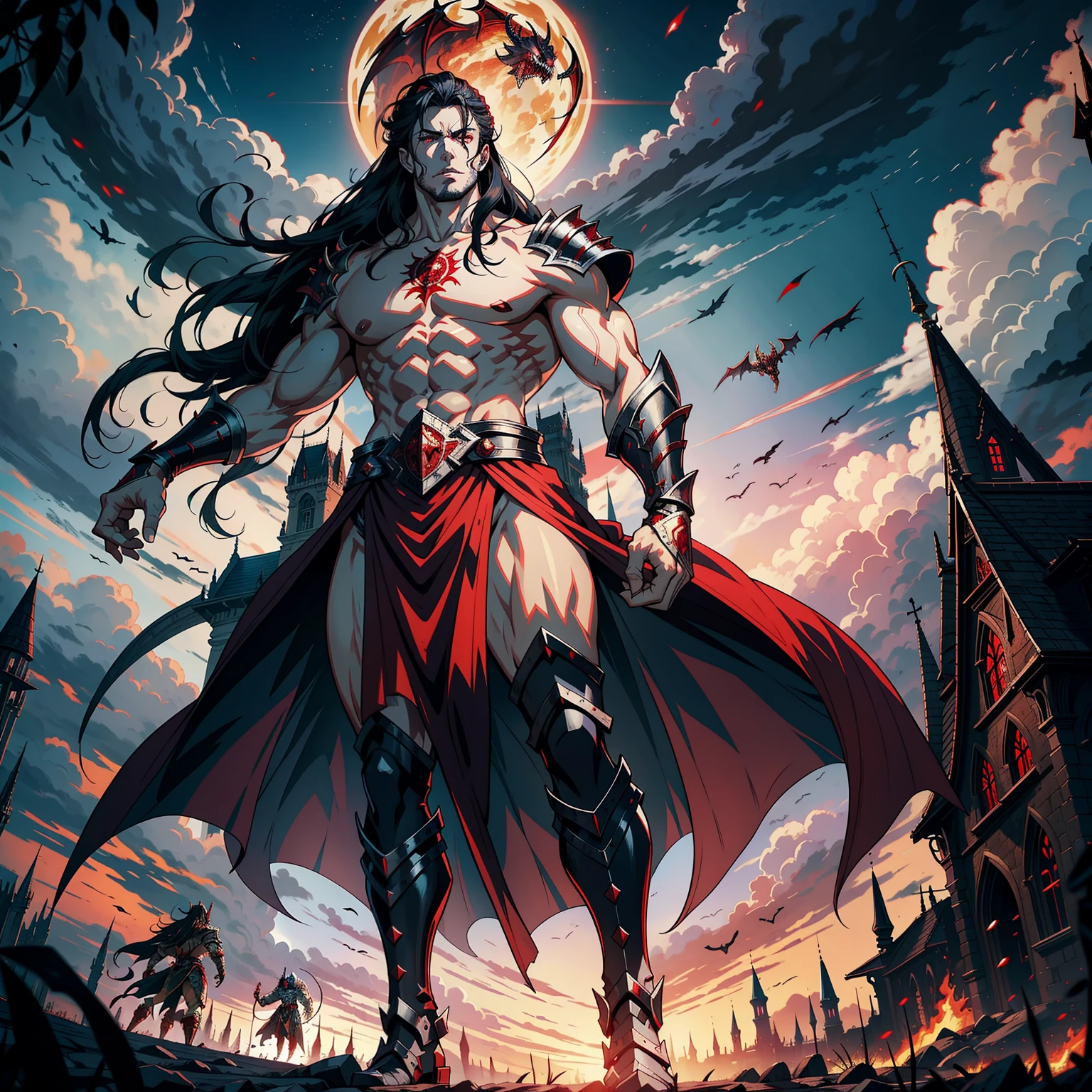 Lord Dracula muscular handsome warrior long hair white red eyes crystal medieval back to his castle Victorious with his troops demon armed at noon hyper realistic super detailed dynamic shot centerpiece cinematic scene scenes movie Epic Legendary correct proportions Anatomy correct poses