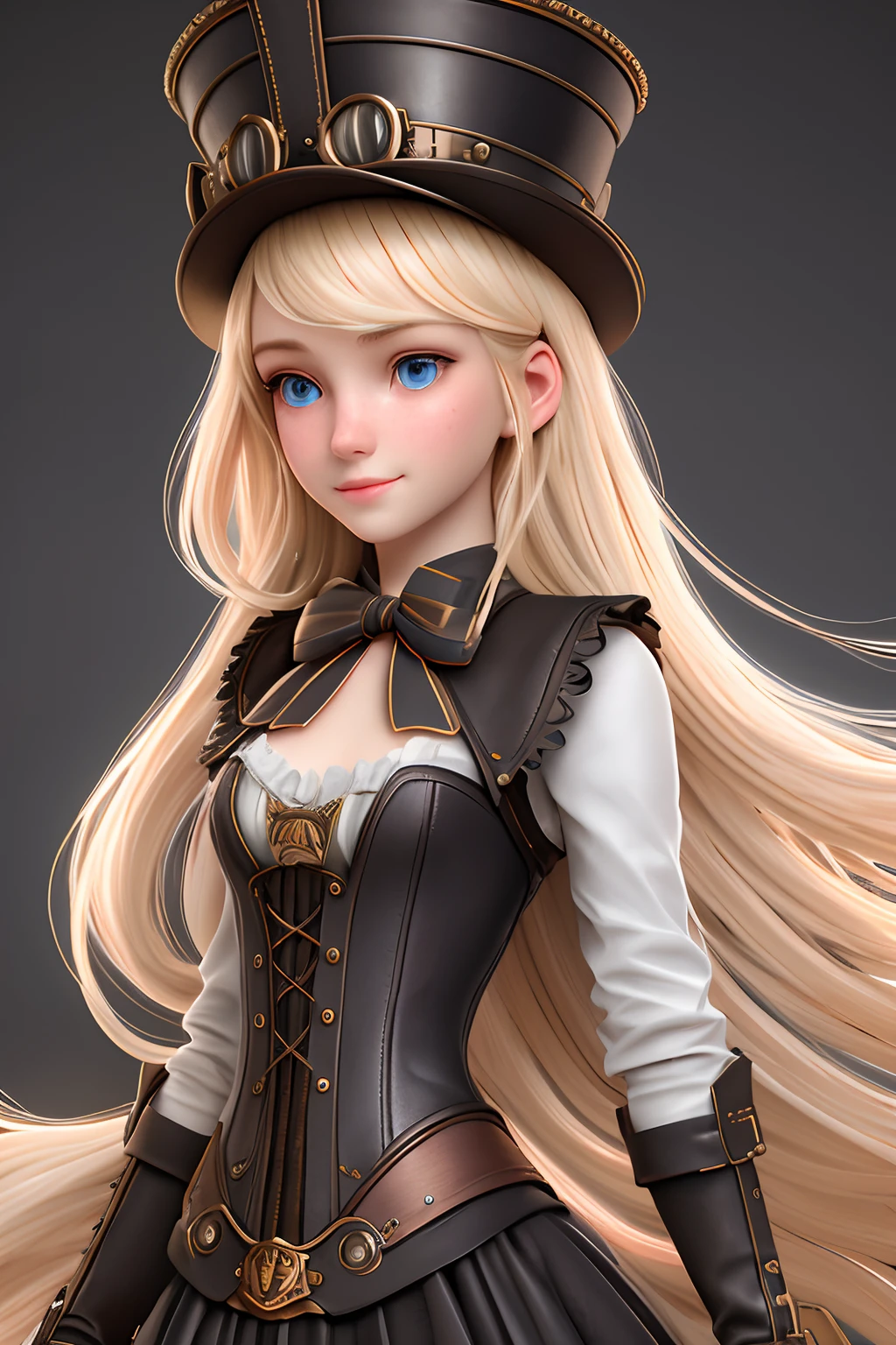 close up 1girl in, teenager, Solo, Aesthetic artwork, blond, straight blonde hair, super long blonde hair, light blue eyes, some small freckles, pale skin, A-cup, small breasts, runners body, (thin hips, thin waist: 1.25), detailed skin, shy smile, wearing a steampunk dress, leather corset, top hat, ornamental copper, portrait, 50mm, 4k textures, soft cinematic light, RAW intricate, elegant, highly detailed, sharp focus, ((((cinematic look)))), soothing tones, insane details, intricate details, hyperdetailed, low contrast, soft cinematic light, dim colors, exposure blend, hdr, faded