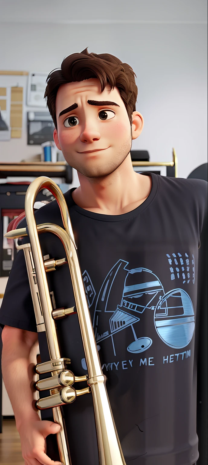 Alone, holding a trombone