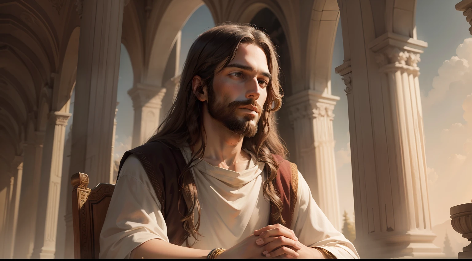 "majestic portrait of Jesus Christ in a serene and divine setting"
