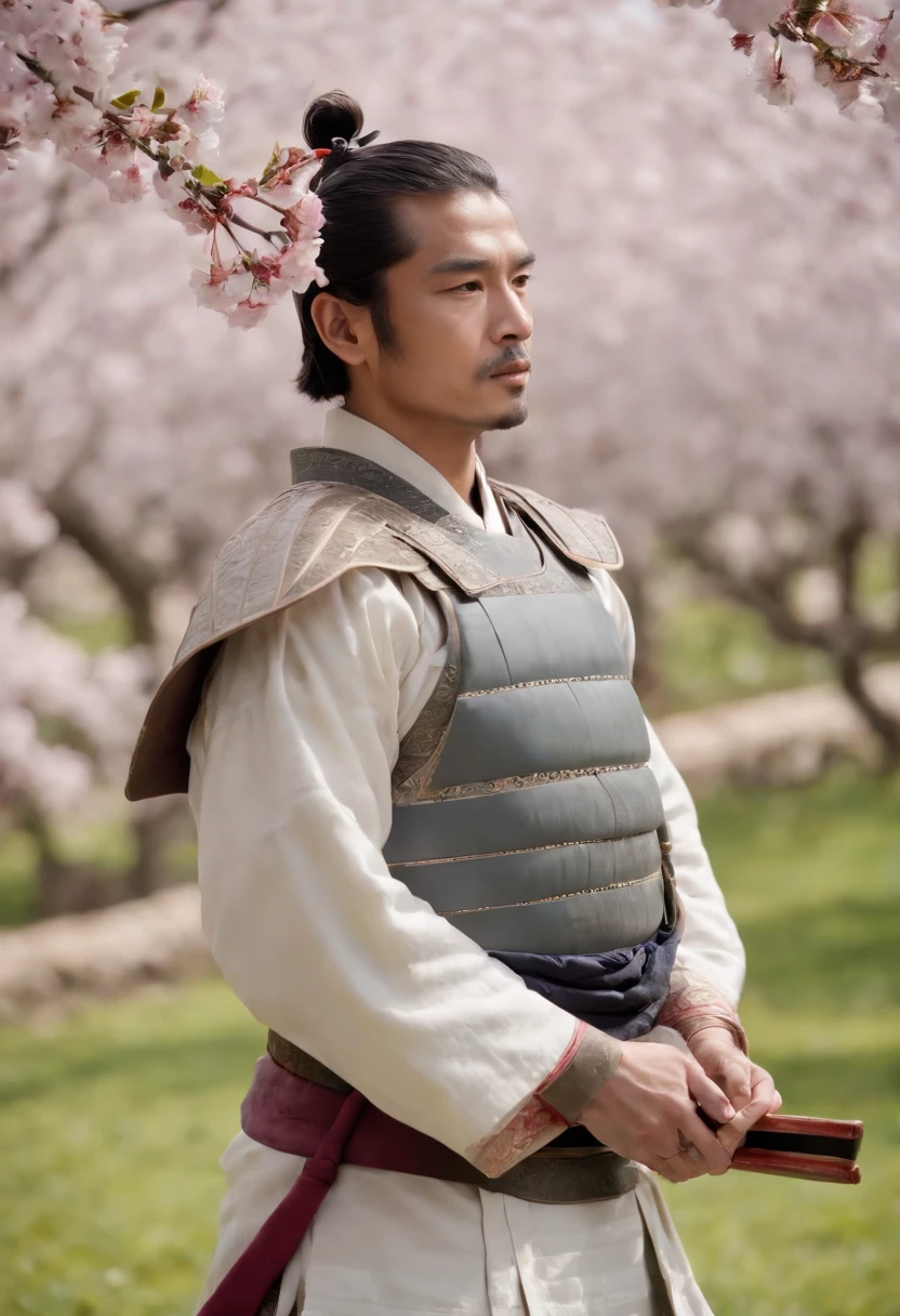 Samurai in a Blossoming Cherry Orchard: A lone samurai warrior stands in the midst of a blossoming cherry orchard, petals fluttering around him like snowflakes. He is clad in a sleek, minimalist armor with hues of soft grey and pale blue, contrasting with the vibrant pinks of the cherry blossoms. His helmet is simple yet elegant, with a single feather adorning it. In his hands, he holds a pair of sai, ready for a swift and graceful battle. His eyes convey a deep sense of peace and introspection. The orchard around him is in full bloom, creating a serene and almost otherworldly atmosphere.