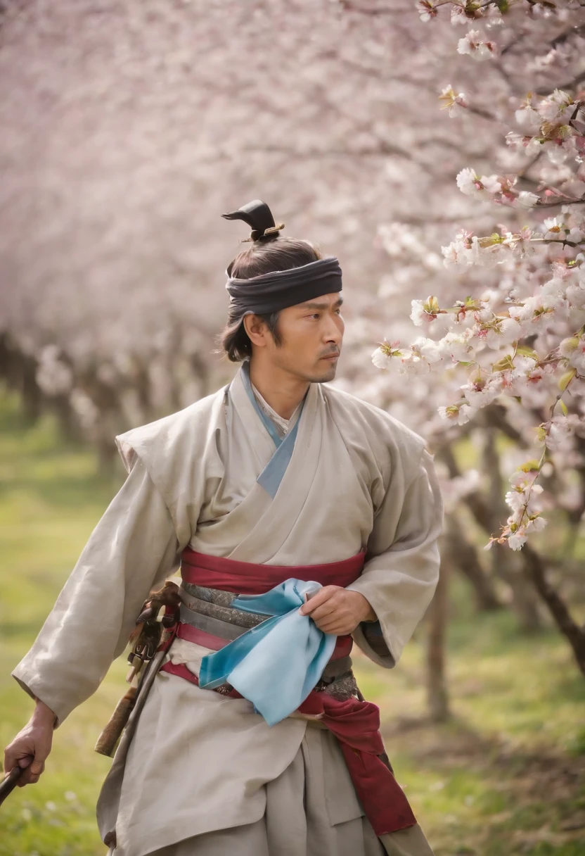 Samurai in a Blossoming Cherry Orchard: A lone samurai warrior stands in the midst of a blossoming cherry orchard, petals fluttering around him like snowflakes. He is clad in a sleek, minimalist armor with hues of soft grey and pale blue, contrasting with the vibrant pinks of the cherry blossoms. His helmet is simple yet elegant, with a single feather adorning it. In his hands, he holds a pair of sai, ready for a swift and graceful battle. His eyes convey a deep sense of peace and introspection. The orchard around him is in full bloom, creating a serene and almost otherworldly atmosphere.