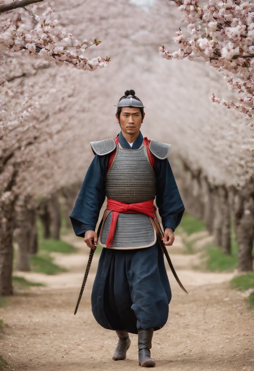 Samurai in a Blossoming Cherry Orchard: A lone samurai warrior stands in the midst of a blossoming cherry orchard, petals fluttering around him like snowflakes. He is clad in a sleek, minimalist armor with hues of soft grey and pale blue, contrasting with the vibrant pinks of the cherry blossoms. His helmet is simple yet elegant, with a single feather adorning it. In his hands, he holds a pair of sai, ready for a swift and graceful battle. His eyes convey a deep sense of peace and introspection. The orchard around him is in full bloom, creating a serene and almost otherworldly atmosphere.