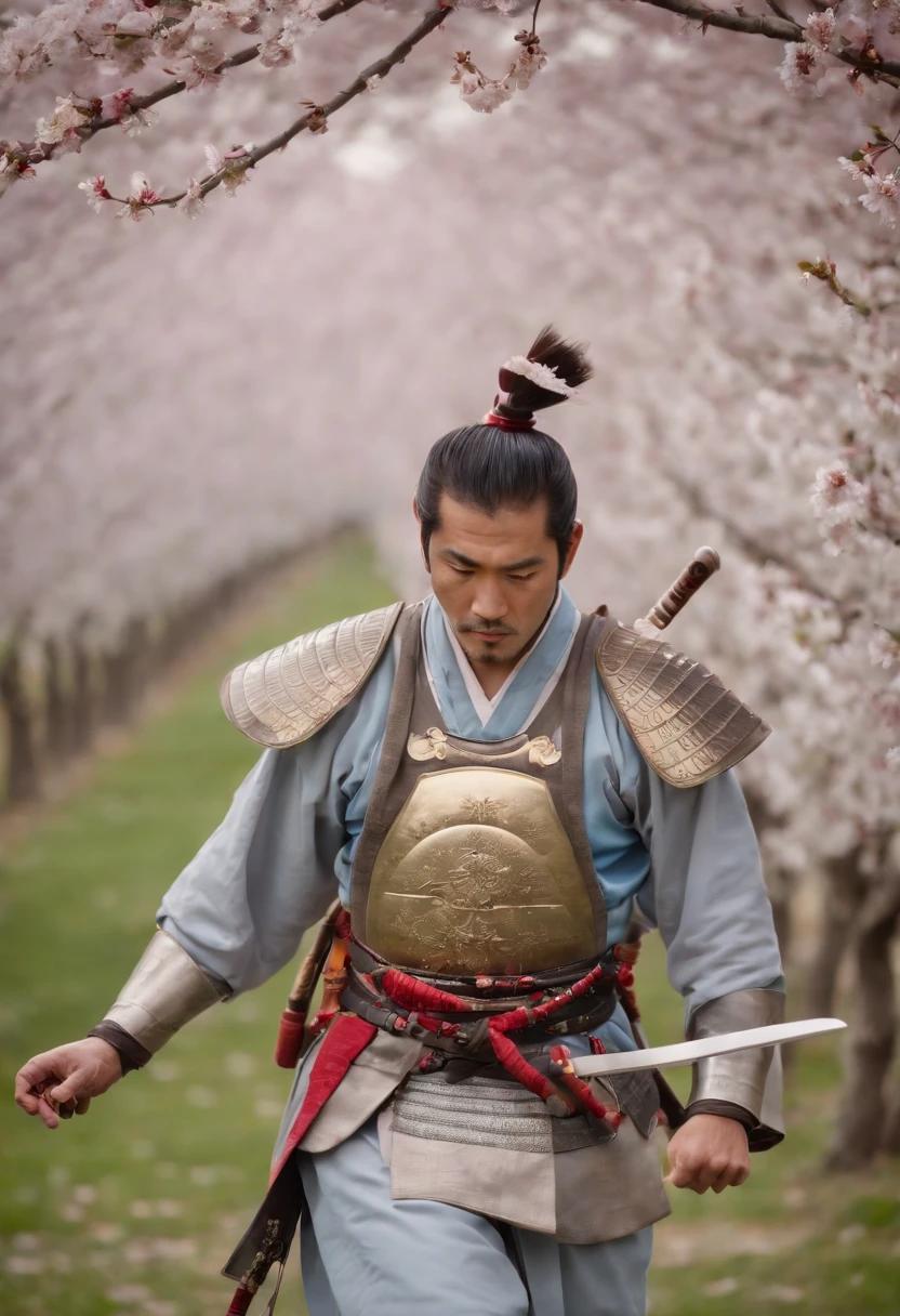Samurai in a Blossoming Cherry Orchard: A lone samurai warrior stands in the midst of a blossoming cherry orchard, petals fluttering around him like snowflakes. He is clad in a sleek, minimalist armor with hues of soft grey and pale blue, contrasting with the vibrant pinks of the cherry blossoms. His helmet is simple yet elegant, with a single feather adorning it. In his hands, he holds a pair of sai, ready for a swift and graceful battle. His eyes convey a deep sense of peace and introspection. The orchard around him is in full bloom, creating a serene and almost otherworldly atmosphere.