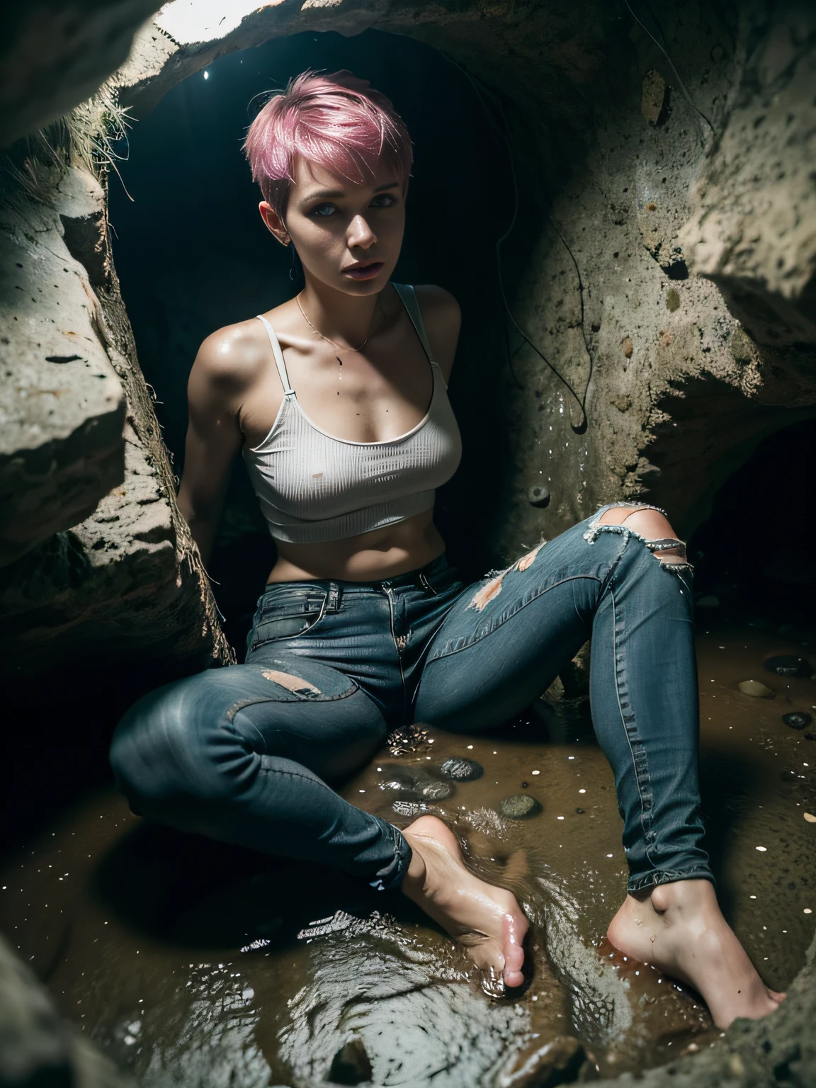 (Best Quality,hight resolution,Masterpiece, Overhead view, General plan:1.20),Ultra-detailed,The woman,Wide flares on jeans,sickly,drowning in a swamp, rubbing against jeans, (voluntarily climbed into a tight space, deep swampy hole:1.3),gloomy ecstasy,fetish,dark gloomy atmosphere,gritty texture,Retro-atmosphere,warped reality,melancholic expression on his face,mysterious aura,foggy atmosphere,foggy background,Subtle color palette,provocative pose,Strong emotions,Coming Out of the Depths of Despair,Piercing gaze,intense shadows,Plunged in Darkness,Rugged terrain,ominous vibe,A supernatural sensation,Loss of Place in Time and Space,Eerie silence.asymmetrical bangs, freckles, pink short hair, asymmetrical bangs, freckles, gray eyes,
