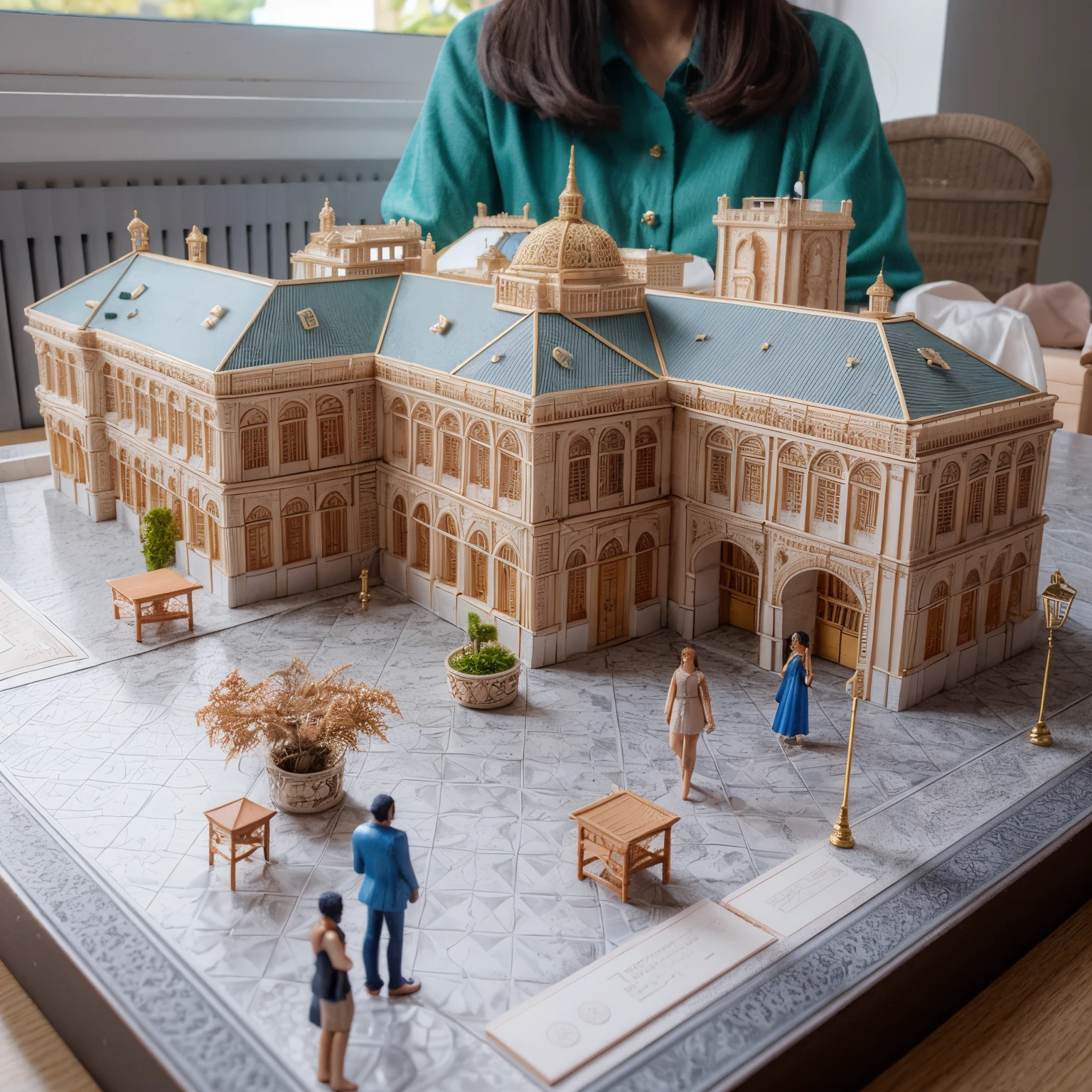 there is a model of a building with people around it, modelo em miniatura, 3D printed building, architectural model, modelo em miniatura, modelo detalhado, moderadamente detalhado, Modelo de tabela, sentado em uma cidade em miniatura, Arte 3D altamente detalhada, modelo altamente detalhado, intricate 3 d illustration, modelagem 3d, modelagem 3d, Cidade em miniatura, Modelo digital, bela miniatura detalhada