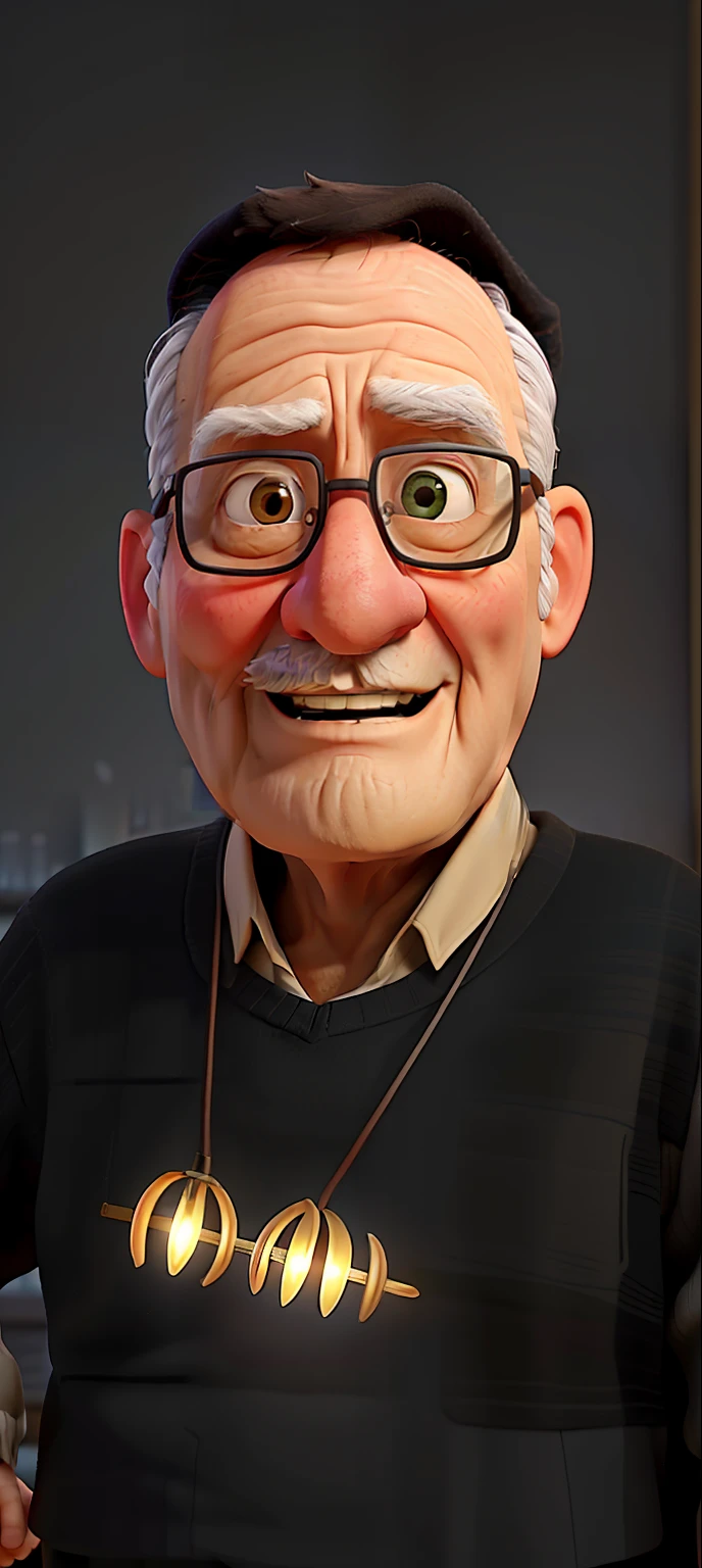A wise old man standing in front, illuminated by the light of a lamp, against the backdrop of a library
