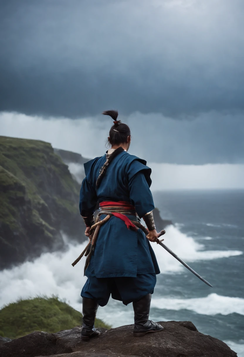 Samurai at the Edge of a Cliff during a Thunderstorm: On a cliff edge, with a dramatic thunderstorm raging in the background, stands a samurai warrior. His armor is a dark, stormy blue with electric blue accents, mirroring the storm's fury. The warrior's helmet is adorned with a striking thunderbolt design. He brandishes a yari spear, its tip pointing defiantly towards the sky, as if challenging the storm itself. Lightning illuminates his determined face and the turbulent sea below. The scene is one of raw power and unyielding courage in the face of nature's wrath.