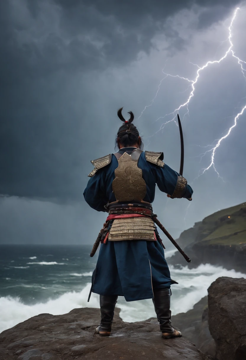 Samurai shows strong forward at the Edge of a Cliff during a Thunderstorm: On a cliff edge, with a dramatic thunderstorm raging in the background, stands a samurai warrior. His armor is a dark, stormy blue with electric blue accents, mirroring the storm's fury. The warrior's helmet is adorned with a striking thunderbolt design. He brandishes a yari spear, its tip pointing defiantly towards the sky, as if challenging the storm itself. Lightning illuminates his determined face and the turbulent sea below. The scene is one of raw power and unyielding courage in the face of nature's wrath.