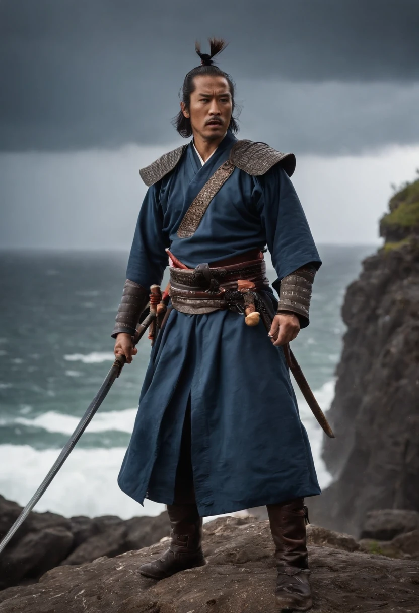 Samurai shows strong forward at the Edge of a Cliff during a Thunderstorm: On a cliff edge, with a dramatic thunderstorm raging in the background, stands a samurai warrior. His armor is a dark, stormy blue with electric blue accents, mirroring the storm's fury. The warrior's helmet is adorned with a striking thunderbolt design. He brandishes a yari spear, its tip pointing defiantly towards the sky, as if challenging the storm itself. Lightning illuminates his determined face and the turbulent sea below. The scene is one of raw power and unyielding courage in the face of nature's wrath.