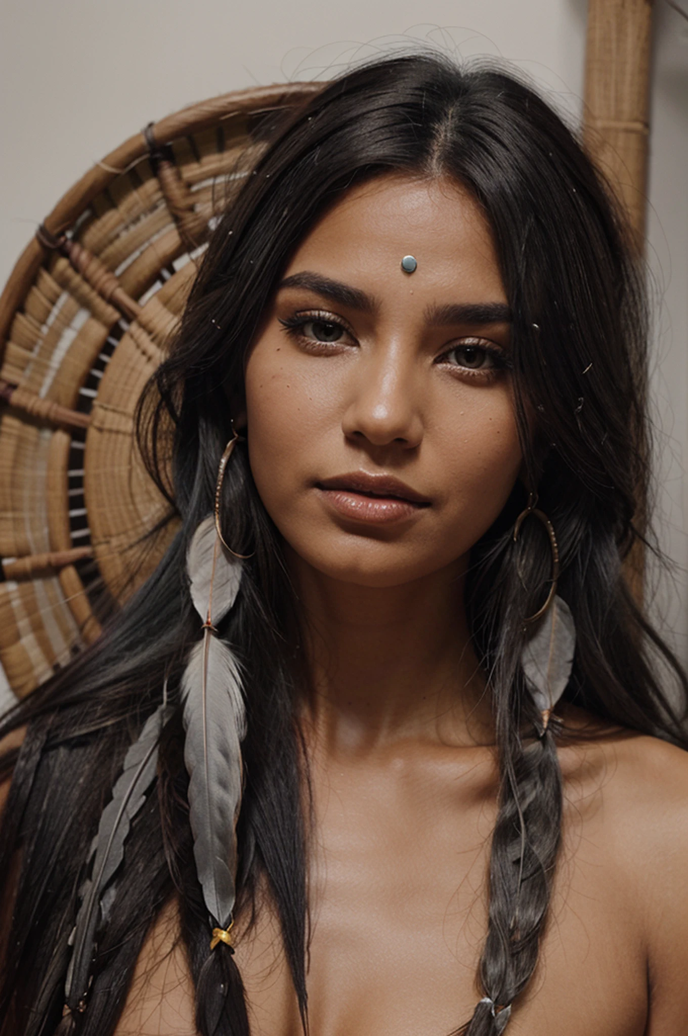 shamanic woman coffee colored skin black and grey hair feathers in hair oval face