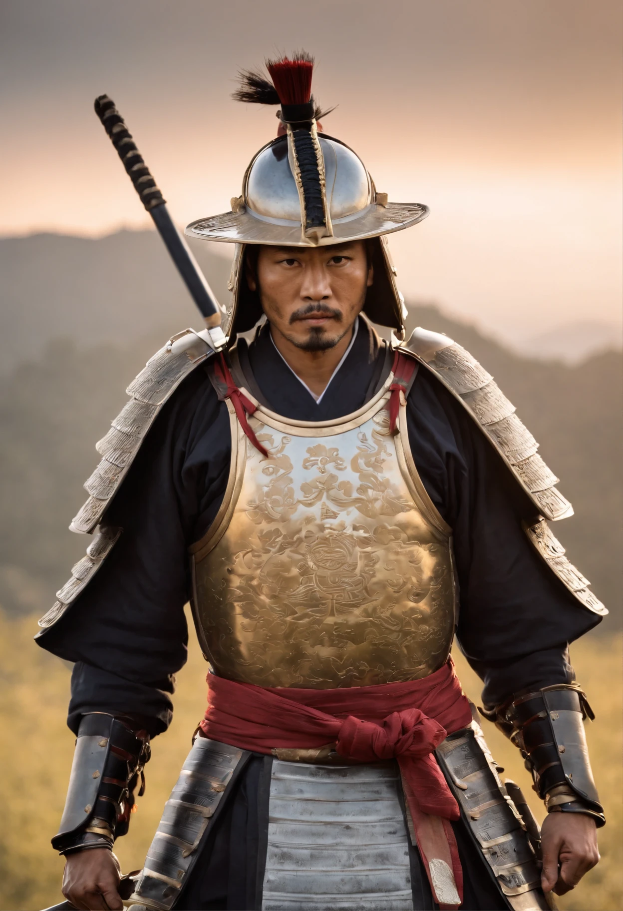 A formidable samurai warrior stands majestically in full traditional armor on an open field at sunset. His armor is intricately detailed, with deep red and black accents, catching the last light of the day. He wears a magnificent helmet adorned with a striking crescent moon at the top. In his left hand, he holds a long, curved katana, its blade sharp and pristine. In his right hand, he grasps a shorter wakizashi, ready for battle. His gaze is intense and focused, looking determinedly into the distance. In the background, there's an atmospheric landscape featuring ancient, weathered temples and tall, misty mountains. The scene exudes an aura of strength and honorable resolve.