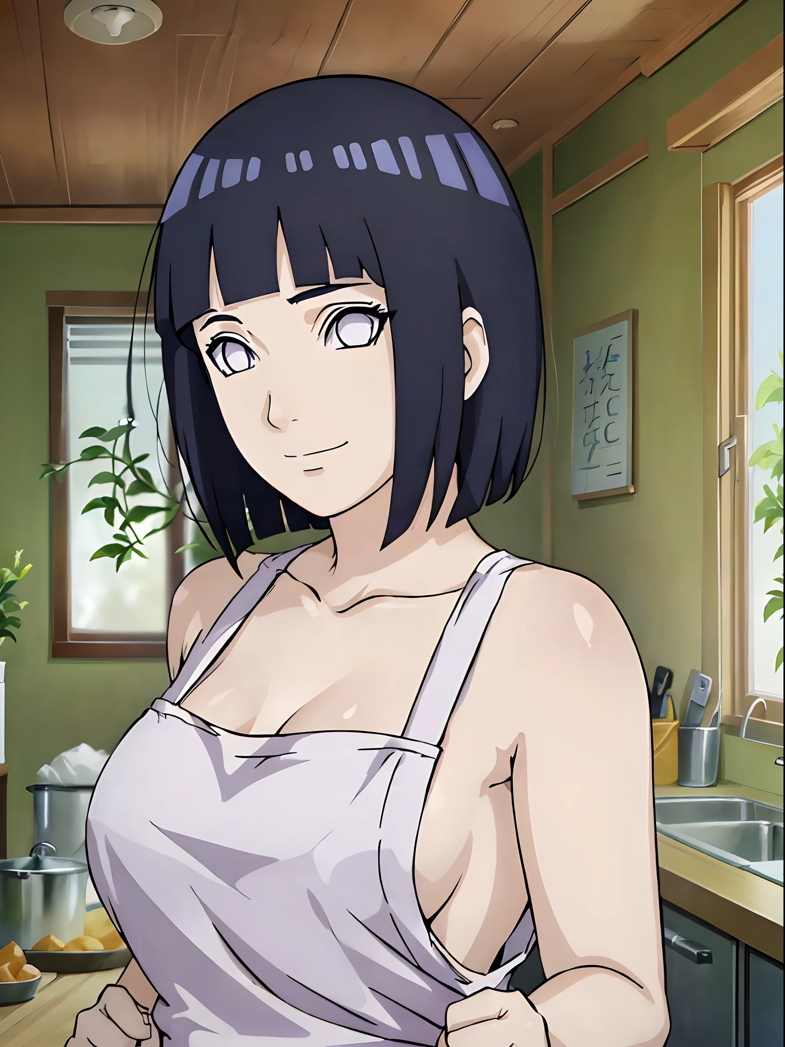 naked wearing white apron only,, ((thick arms)), , , anime style, cute , beautiful , nice body, soft body, (hinata\(boruto\), (slender body), mature woman , broad shoulders, off-shoulders, (naked wearing white apron only, bare arms, bare hands), smile, closed mouth, pale skin, , smile, (dark blue hair color:1.1), wavy hair, floating hair, ((very short hair, hime cut), big breasts, (closed fists), , (perfect eyes, white sciera, bright eyes, white eyes, anime eyes)
