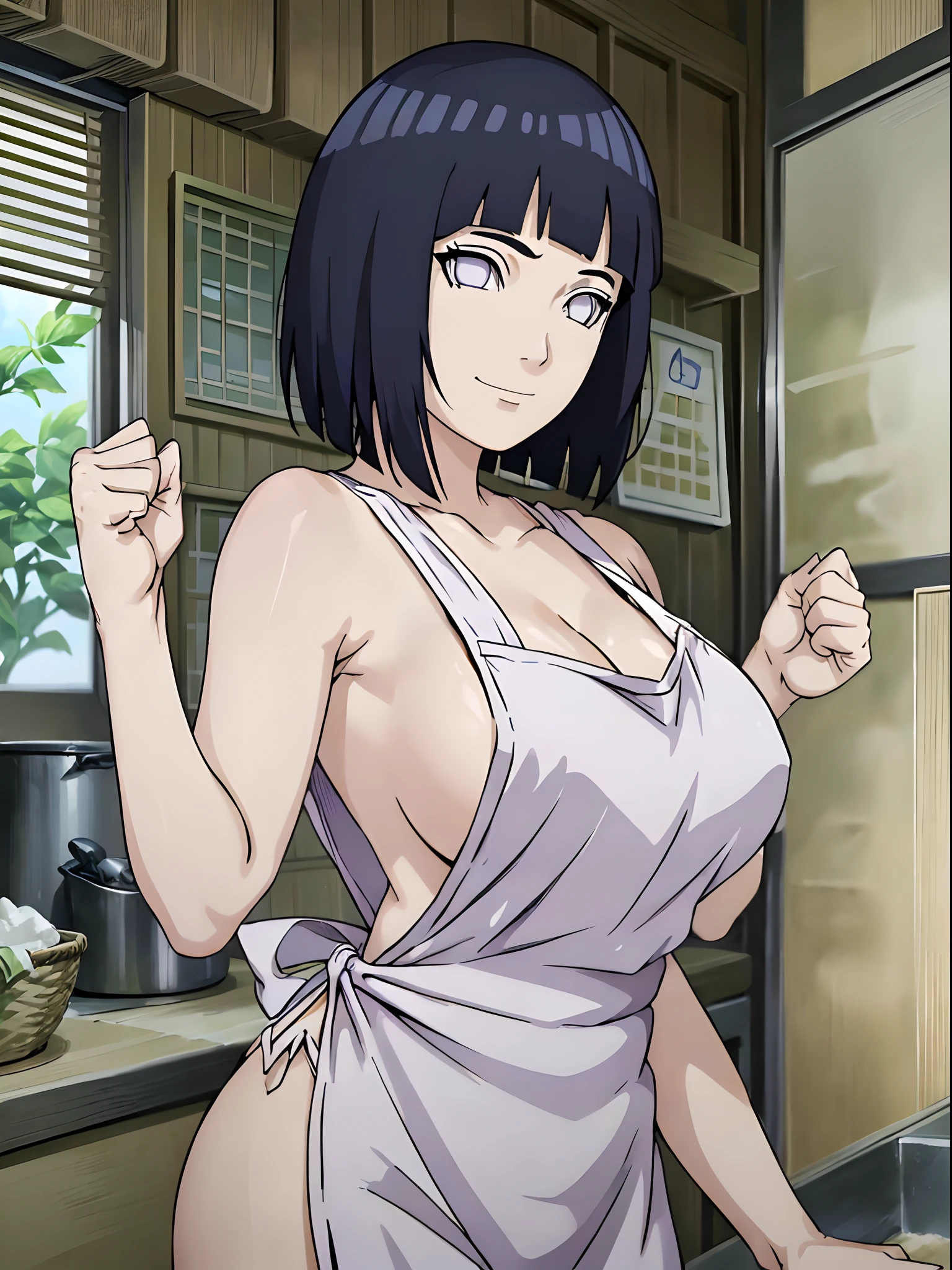 naked wearing white apron only,, ((thick arms)), , , anime style, cute , beautiful , nice body, soft body, (hinata\(boruto\), (slender body), mature woman , broad shoulders, off-shoulders, (naked wearing white apron only, bare arms, bare hands), smile, closed mouth, pale skin, , smile, (dark blue hair color:1.1), wavy hair, floating hair, ((very short hair, hime cut), big breasts, (closed fists), , (perfect eyes, white sciera, bright eyes, white eyes, anime eyes)