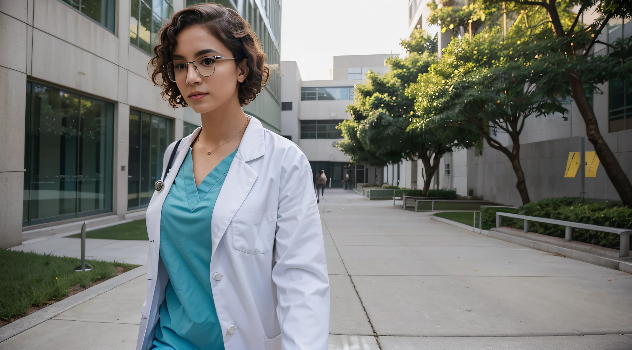 Imagine a Brazilian medical student, a young woman with a rich complexion, walking through the pristine and modern campus of the university's medical school. She's dressed in medical scrubs with a white coat, her short, curly hair adding a distinctive flair to the scene. The student wears stylish eyeglasses, blending a touch of intellectual charm with her professional appearance. Gracefully moving across the campus, she exudes professionalism.
The surroundings are immaculate, emanating an air of order and organization befitting a prestigious medical institution. The sun shines, casting a warm and inviting glow over the scene. The student, donning a white blouse underneath her white coat, exudes optimism in this academic setting.
I hope this revised description aligns with your vision!