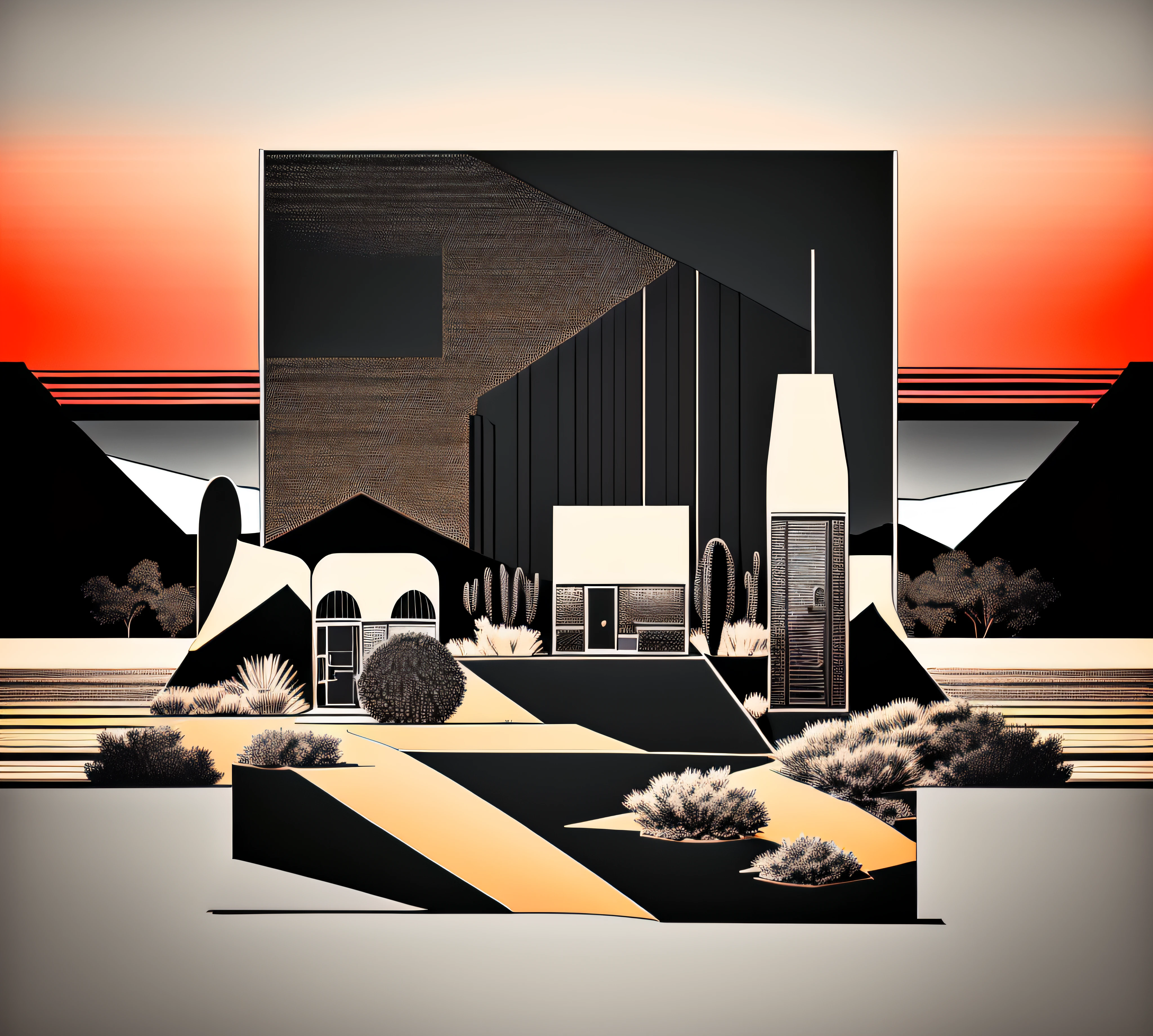 pop art style solid colors desert landscape evening lighting black and white with solid lines and single pop of color