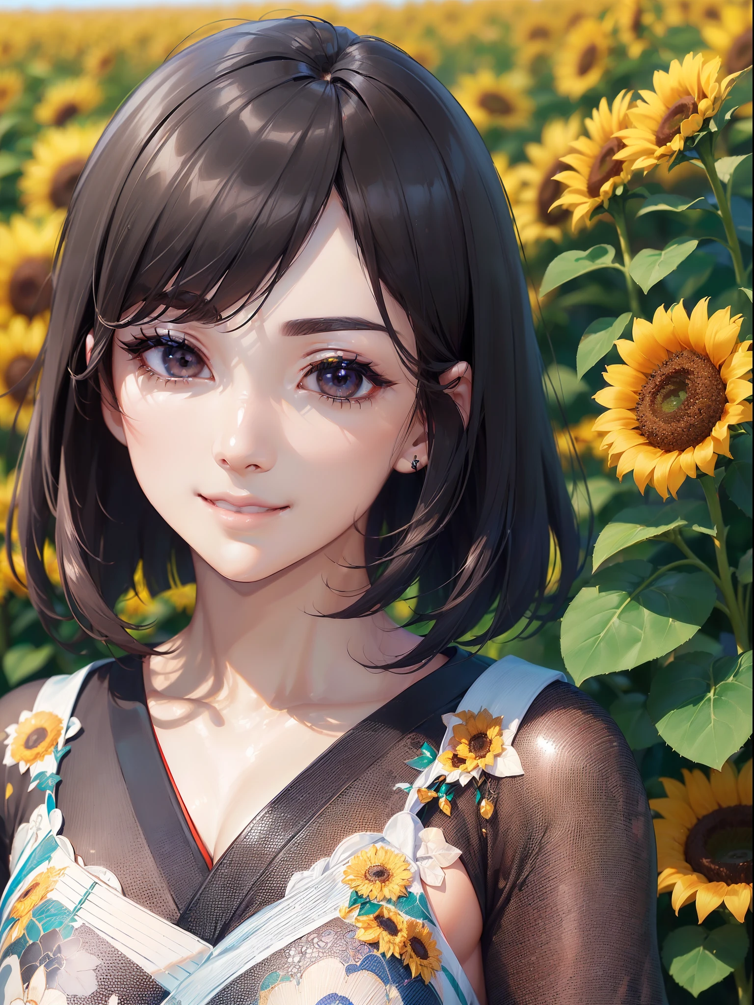 ((masuter piece:1.5)),((Finest quality)),(super precision),8k picture,Top quality anime,Highest level of resolution,Fantasyart,((perfect anatomia:1.5)),(Perfect depiction, Unbroken body:1.5),Detailed down to the smallest detail,Phenomenal depiction,((1 Japan Woman:1.4),((A dark-haired,bob cuts:1.1)),Slim and well-proportioned body,(Beautiful and neat face),((Beautiful shiny black eyes),pretty skin,(A smile staring at us)),(T-shirt with detailed details:1.6,Beautiful pattern with detailed and detailed details,),Sunflower field